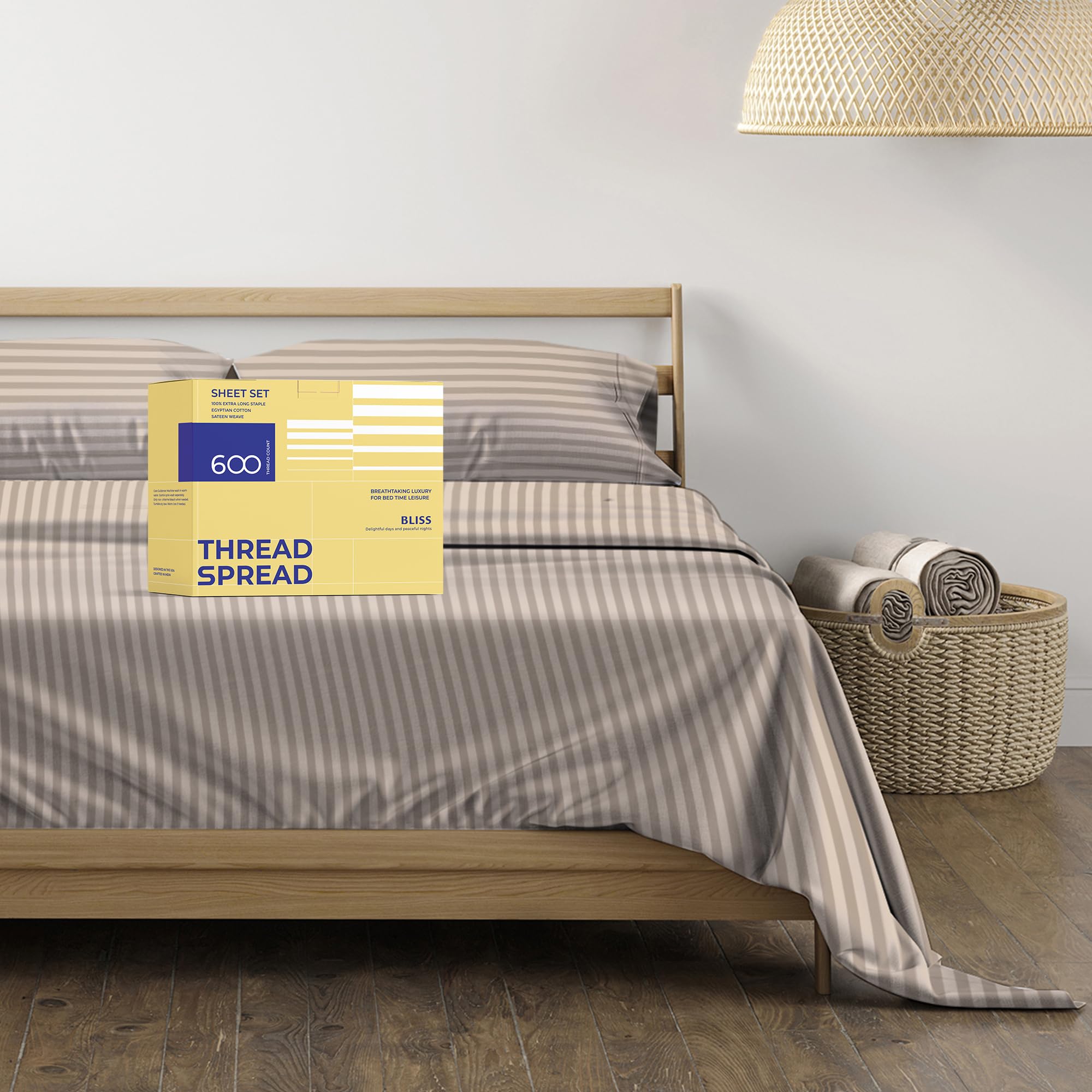 Thread Spread Luxury Egyptian Cotton King Stripe Sheet Set, 600 Thread Count Extra Long Staple 4 Pc Set, King Damask Sheets, Soft, Cooling Sateen Weave Striped Sheets Upto 18' Deep Pocket - Taupe