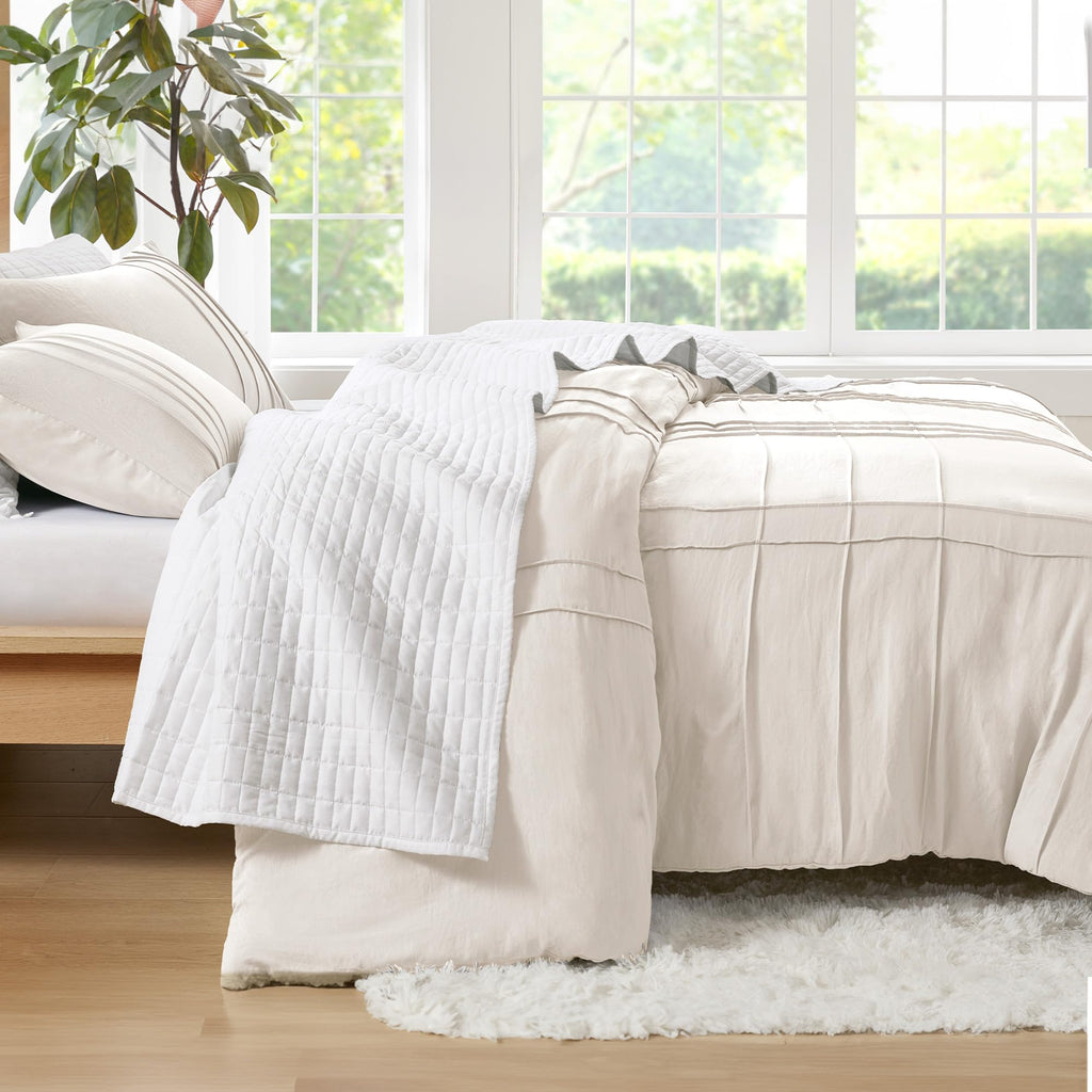 Comfort Spaces Cream Queen Size Duvet Cover Set - 3 Pieces Pintuck Pleated Duvet Cover Queen, All Season Lightweight, Extra Softness Pre-Washed Microfiber Queen Bedding Cover Shams, Full/Queen
