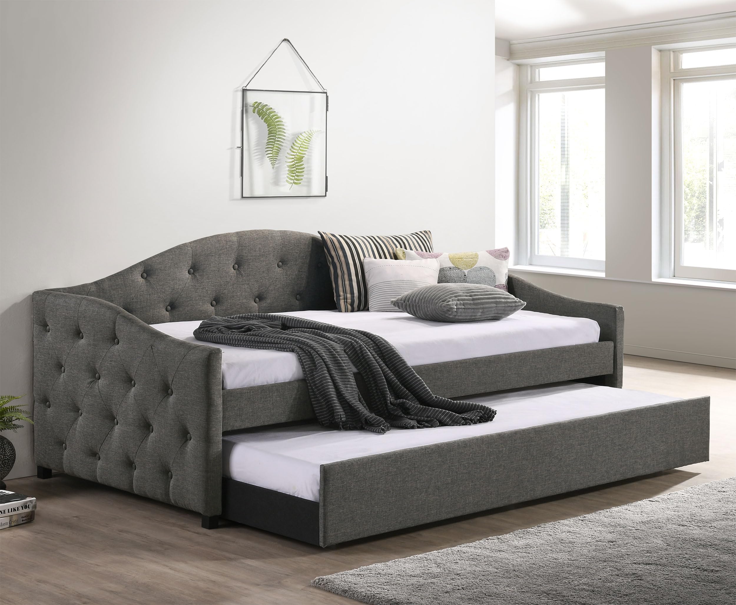 Coaster Home Furnishings Sadie Transitional Fabric Upholstered Twin Size Button Tufted Daybed with Trundle Bed for Guestroom 35-inch Headboard Bedroom Lounger Grey 300638