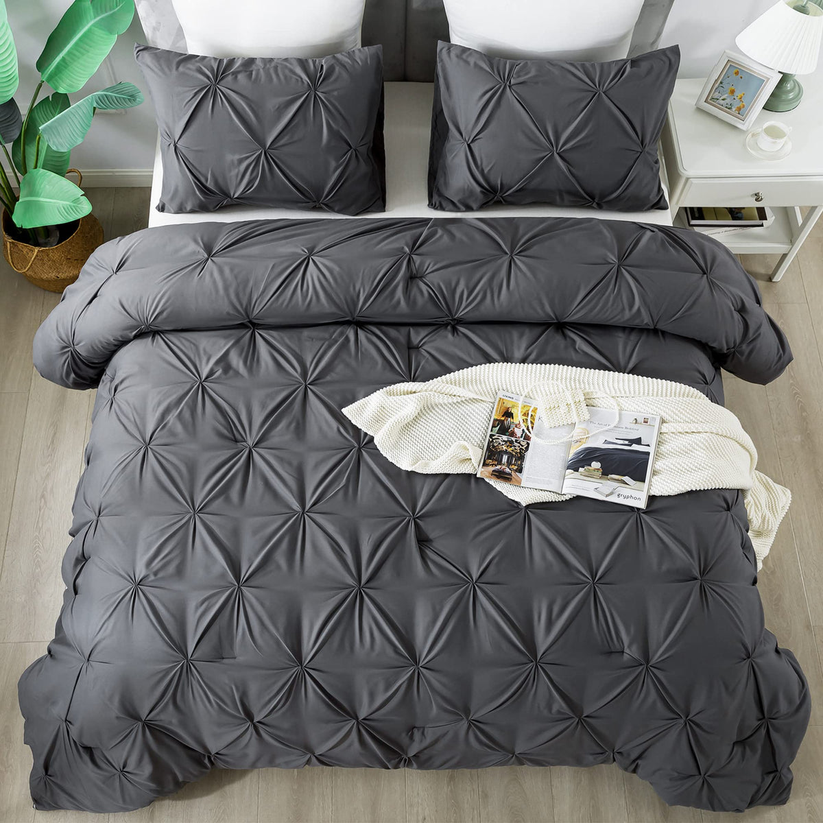 Andency Dark Grey Pinch Pleat Comforter King(104X90Inch), 3 Piece(1 Pintuck Comforter, 2 Pillowcases) Gray Pintuck Microfiber So