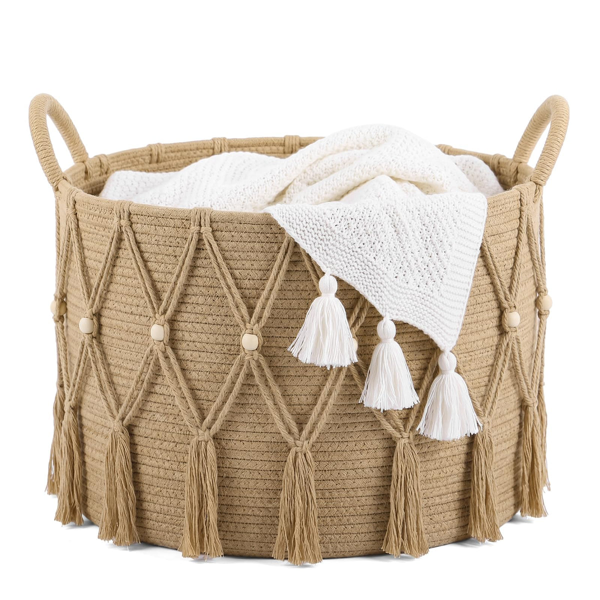 Leinuosen Boho Blanket Basket for Living Room Laundry, 20 x 13,Beige