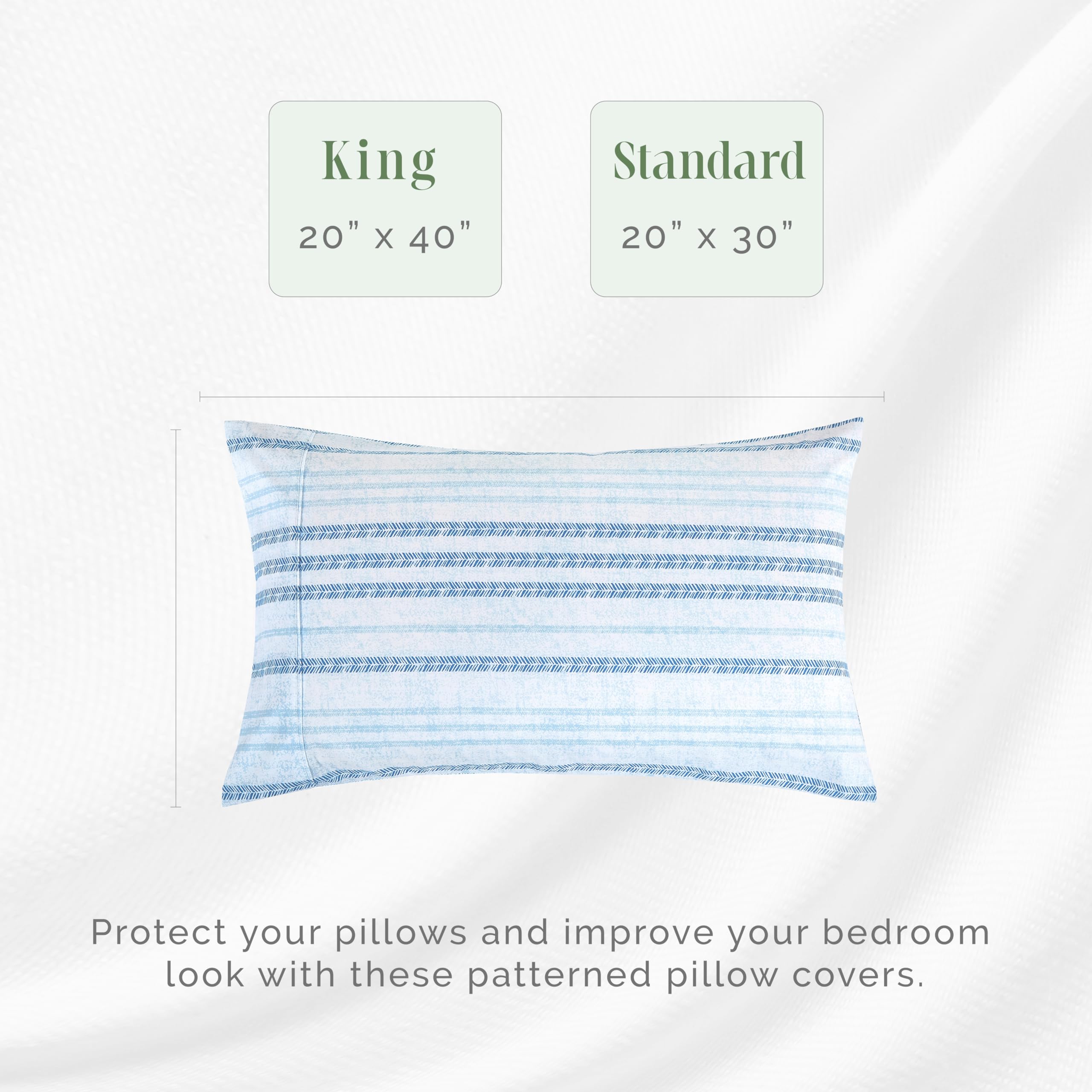 Elegant Comfort Ultra Soft Set Of 2 Striped Print Pillowcases - 1500 Premium Hotel Quality Microfiber, Soft And Smooth Envelope Closure 2-Piece Pillow Covers - King, Traci Aqua