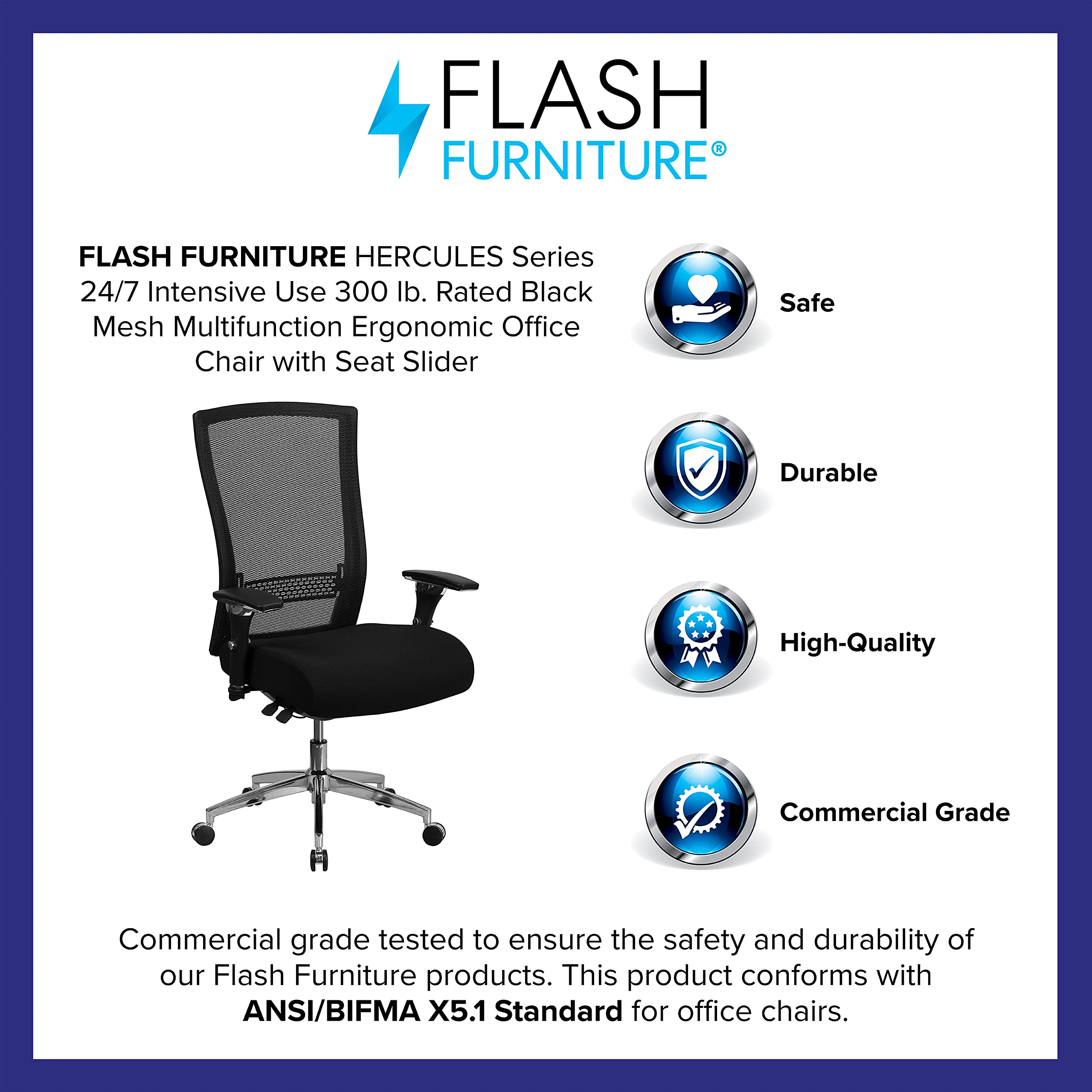 Flash Furniture HERCULES Series 24/7 Intensive Use 300 lb. Rated Black Mesh Multifunction Ergonomic Office Chair with Seat Slider