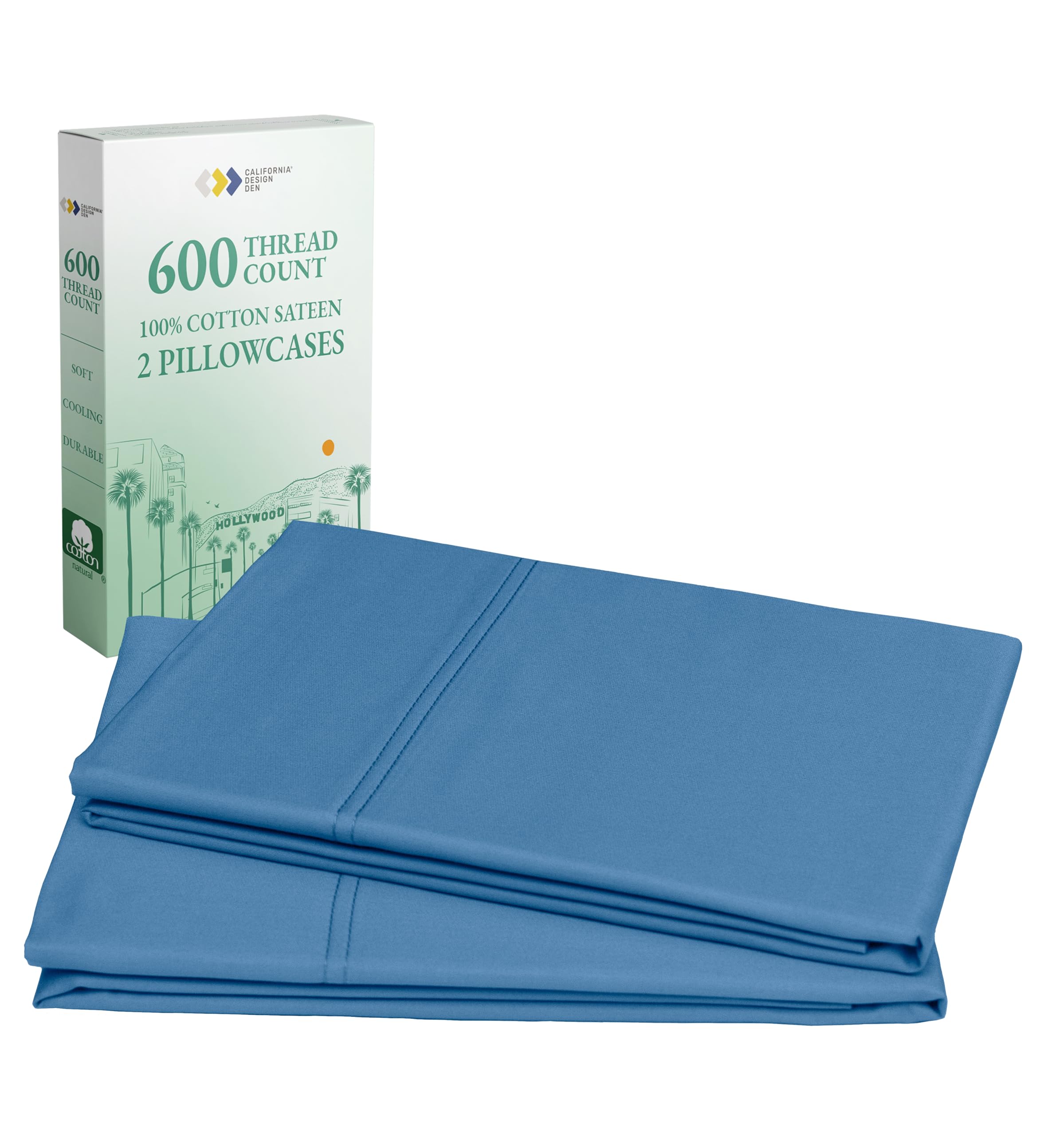 Pillow Cases Queen/Standard Set of 2-600 Thread Count Sateen, Natural 100% Cotton Pillow Case Pair, Crisp, Durable Bedding - Par