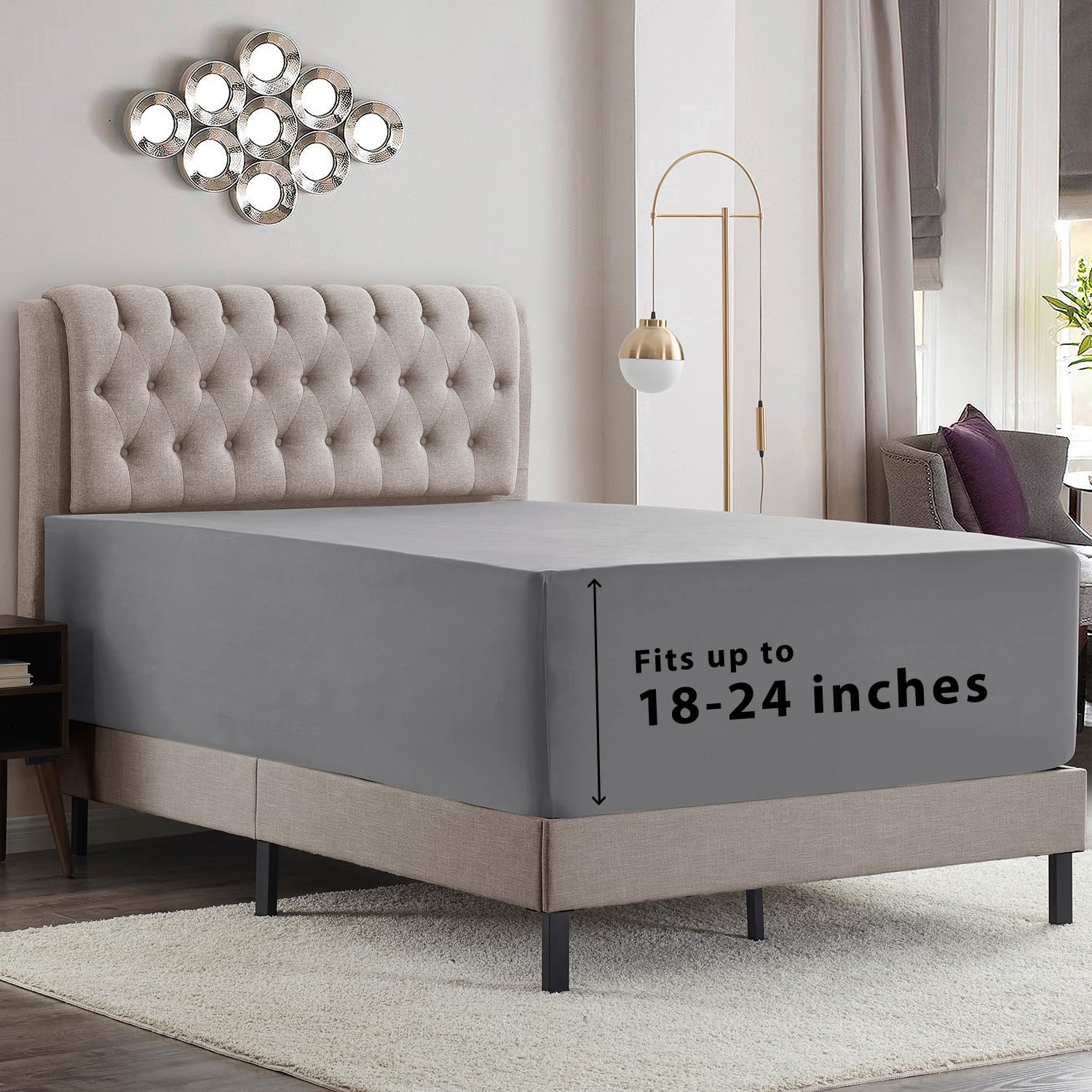 Empyrean Extra Deep Twin Fitted Sheet With Deep Pocket, Soft Microfiber 110 Gsm, Corner Straps, Grey