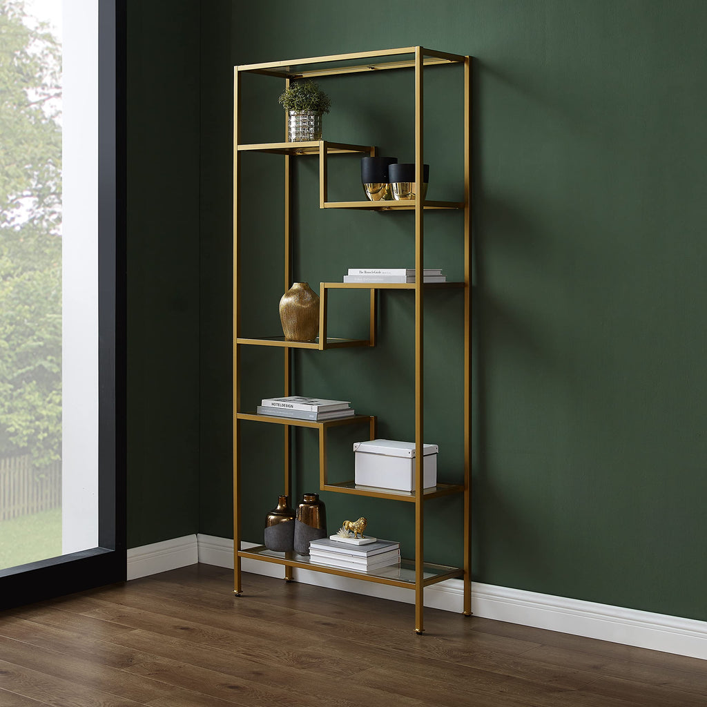 Crosley Furniture Sloane Bookshelf with Glass Shelves, Bookcase Storage, Gold
