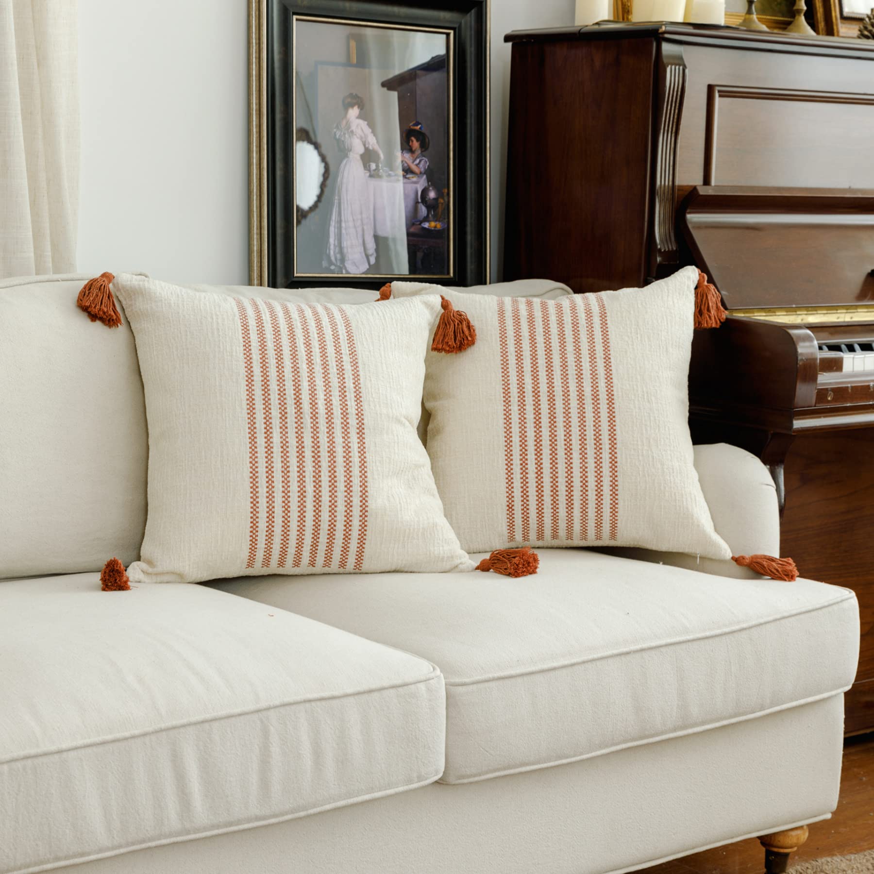 Ikatyarn 24 X 24 Inches Pack Of 2 Boho Rust Red And Off White Embroidery Striped Throw Pillow Cover, Soft Chenille Pillowcase Wi