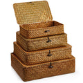 Didaey Set of 4 Seagrass Basket with Lid Wicker Storage Basket Decorative Storage Boxes with Lids Flat Storage Bins Woven Organi