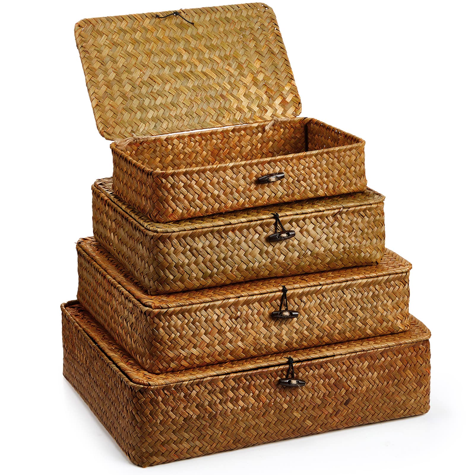 Didaey Set of 4 Seagrass Basket with Lid Wicker Storage Basket Decorative Storage Boxes with Lids Flat Storage Bins Woven Organi