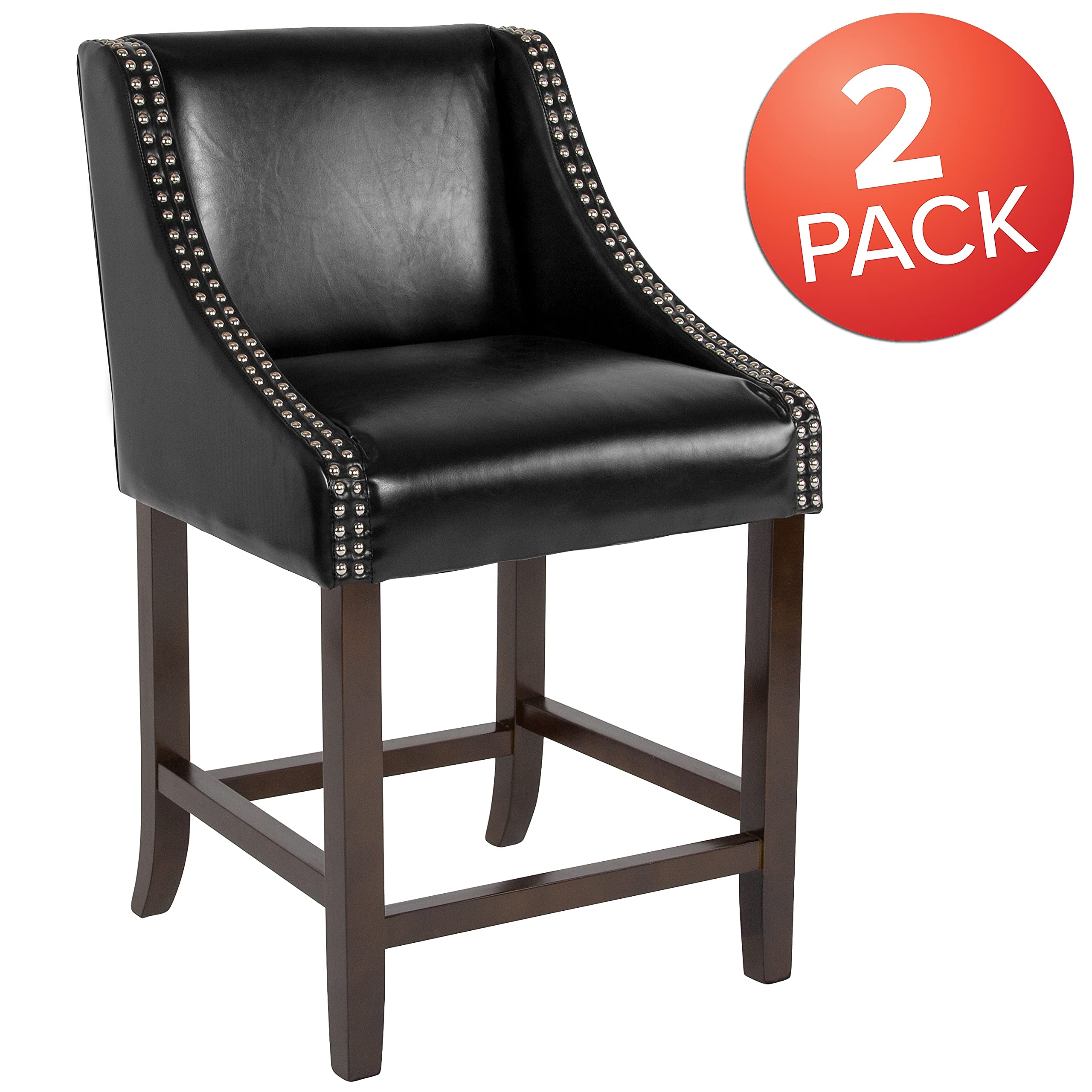 Flash Furniture Carmel Series 24' High Transitional Walnut Counter Height Stool With Nail Trim In Black Leathersoft, Set Of 2