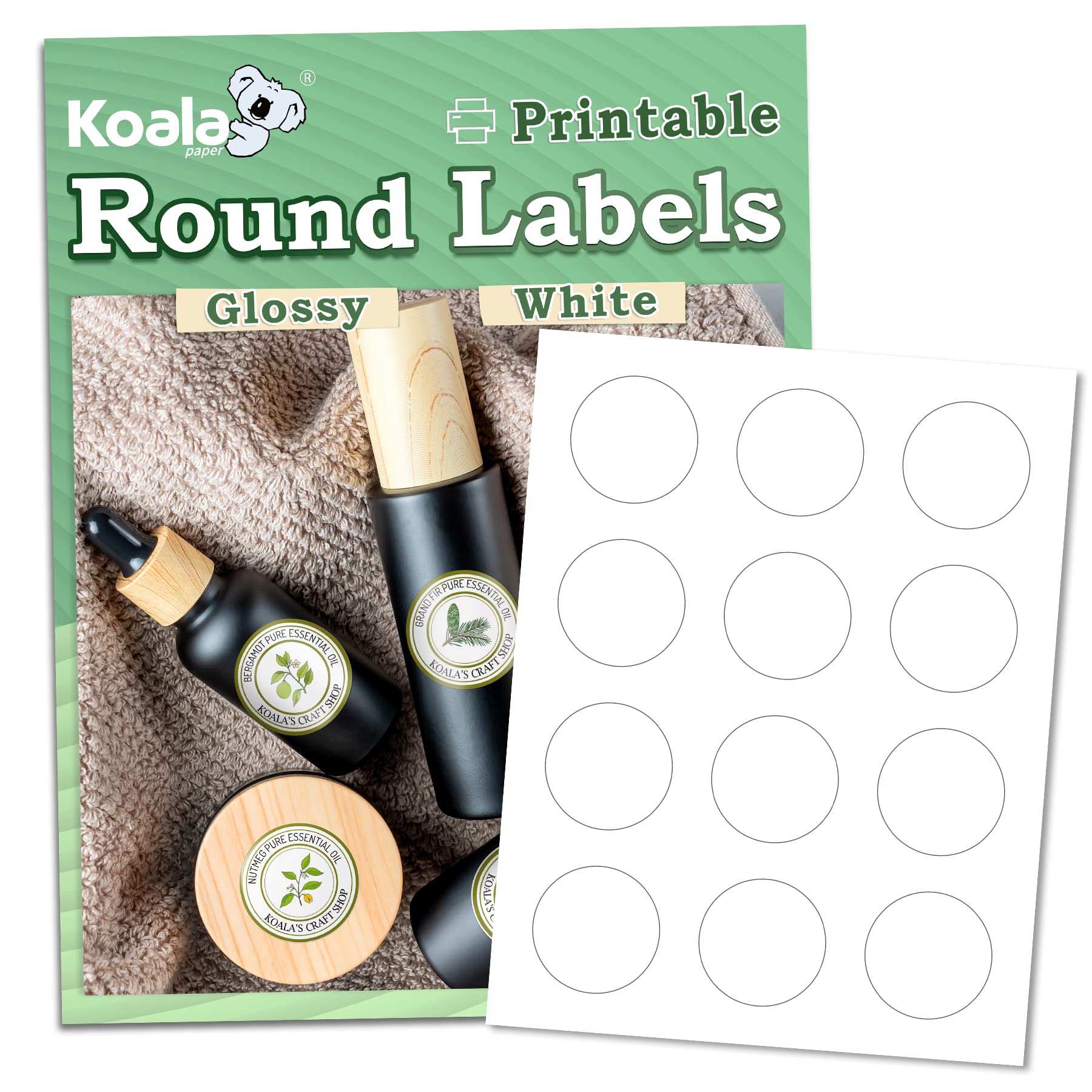 Koala Round Labels 2 Inch, Glossy White Printable Circle Labels For Inkjet And Laser Printer, 300 Round Sticker Labels For Diy J