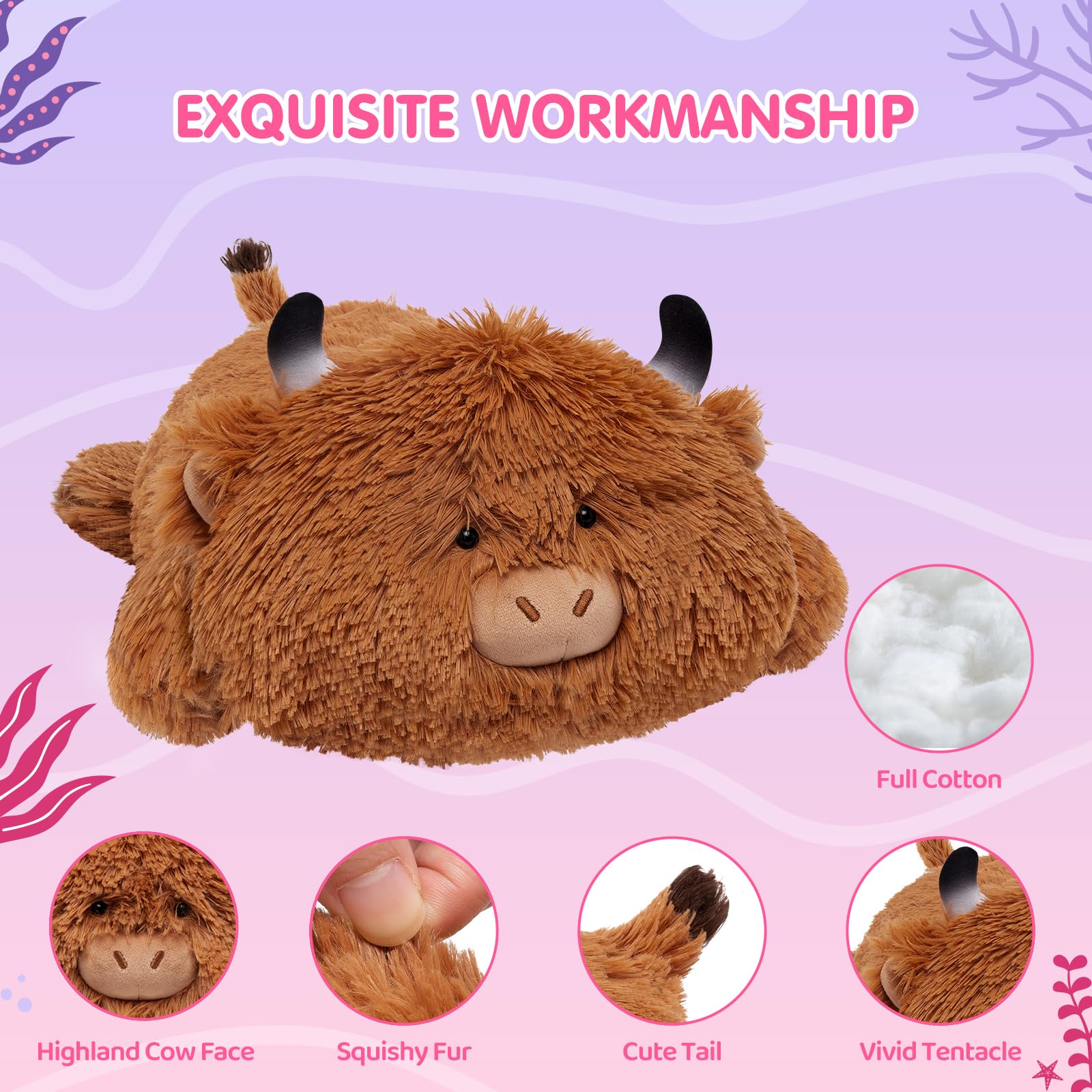 Mewaii Cute Cow Plush Pillow, Kawaii Plushies Highland Cow Stuffed Toys, Squishy Plushies, Cuddle Plush Pillow For Boys & Girls