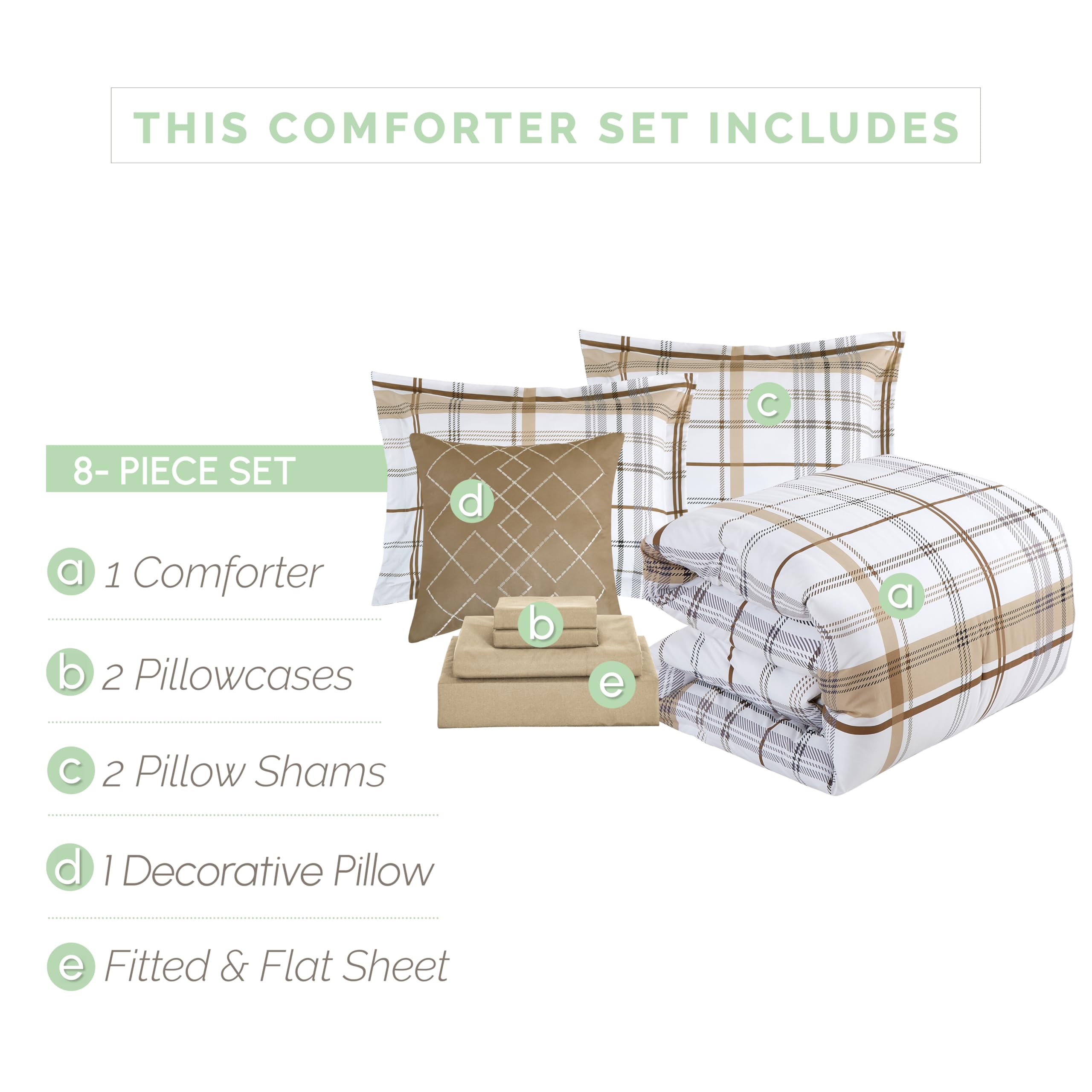 Elegant Comfort 8- Piece Lodge Plaid Reversible Comforter Set Bed-In-A-Bag Set - Silky Soft Complete Set Includes Bed Sheet Set With Double Sided Storage Pockets, King/Cal King, Taupe