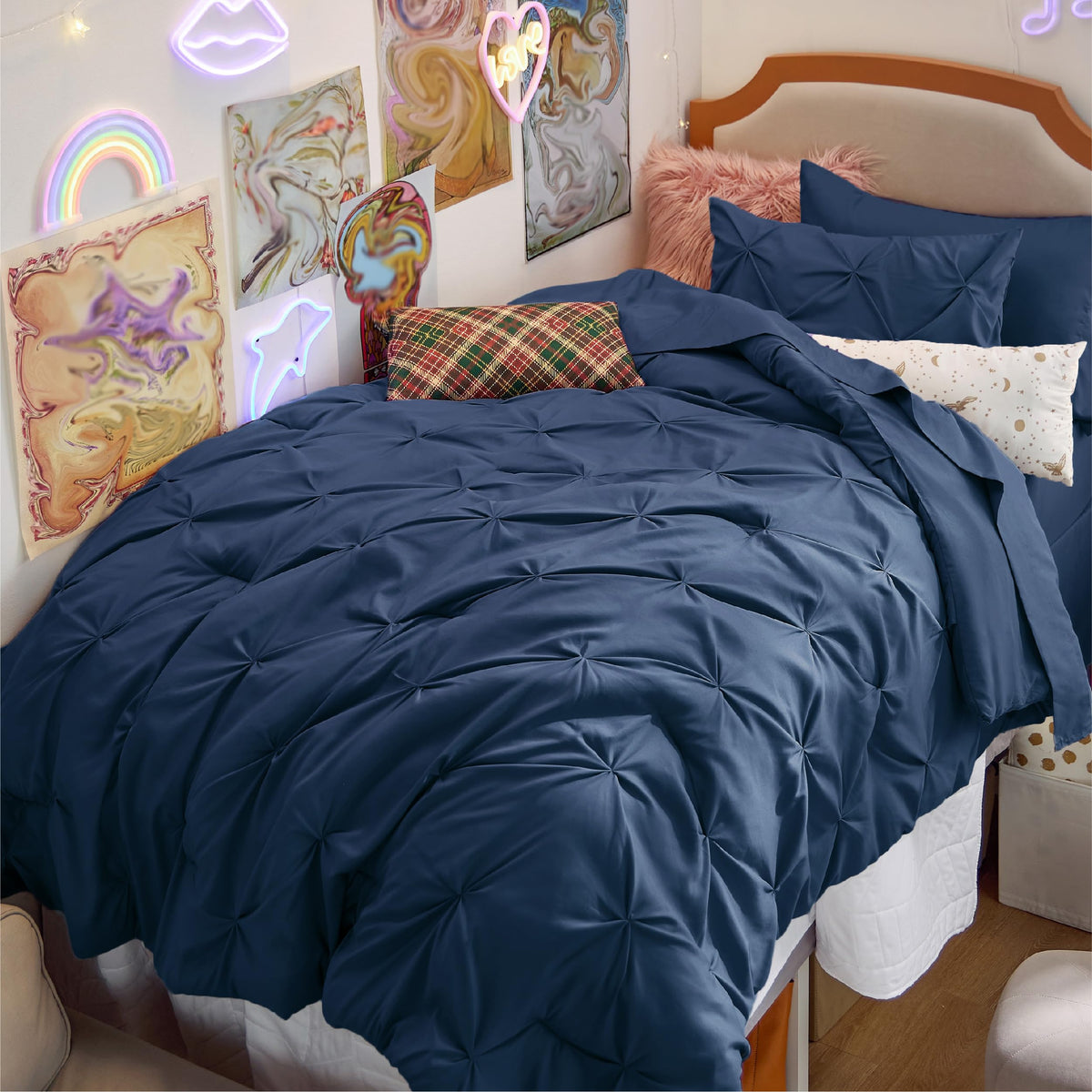 Bedsure Twin Comforter Set With Sheets - 5 Pieces Twin Bedding Sets, Pinch Pleat Navy Blue Twin Bed In A Bag With Comforter, She