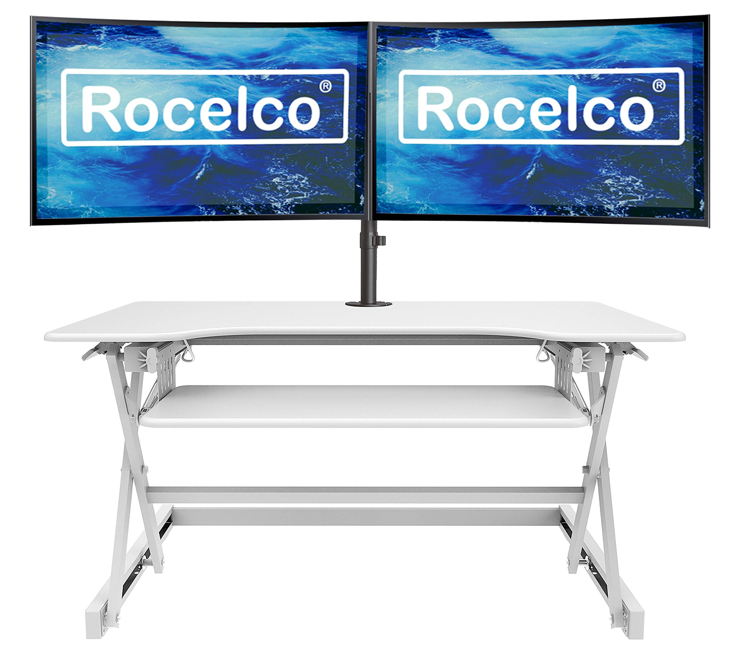 Rocelco 40" Large Height Adjustable Standing Desk Converter with Dual Monitor Mount BUNDLE - Quick Sit Stand Up Computer Workstation Riser - Retractable Keyboard Tray - White (R DADRW-40-DM2)