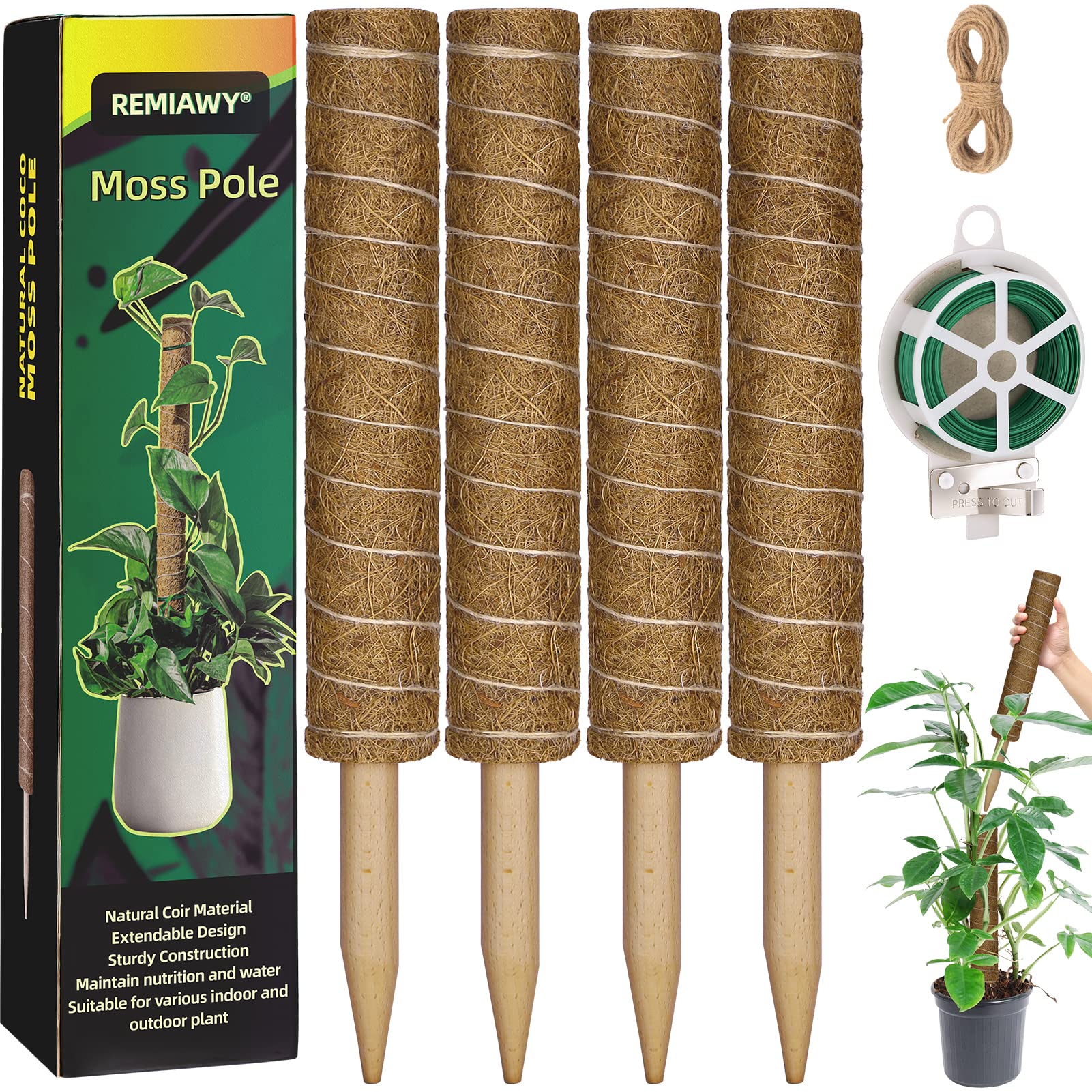 Moss Pole 56 Inch, 4 Pcs Moss Pole Monstera Plant Support, 17.7 Inch Coir Totem Pole Moss Stick For Climbing Plants Indoor Monst
