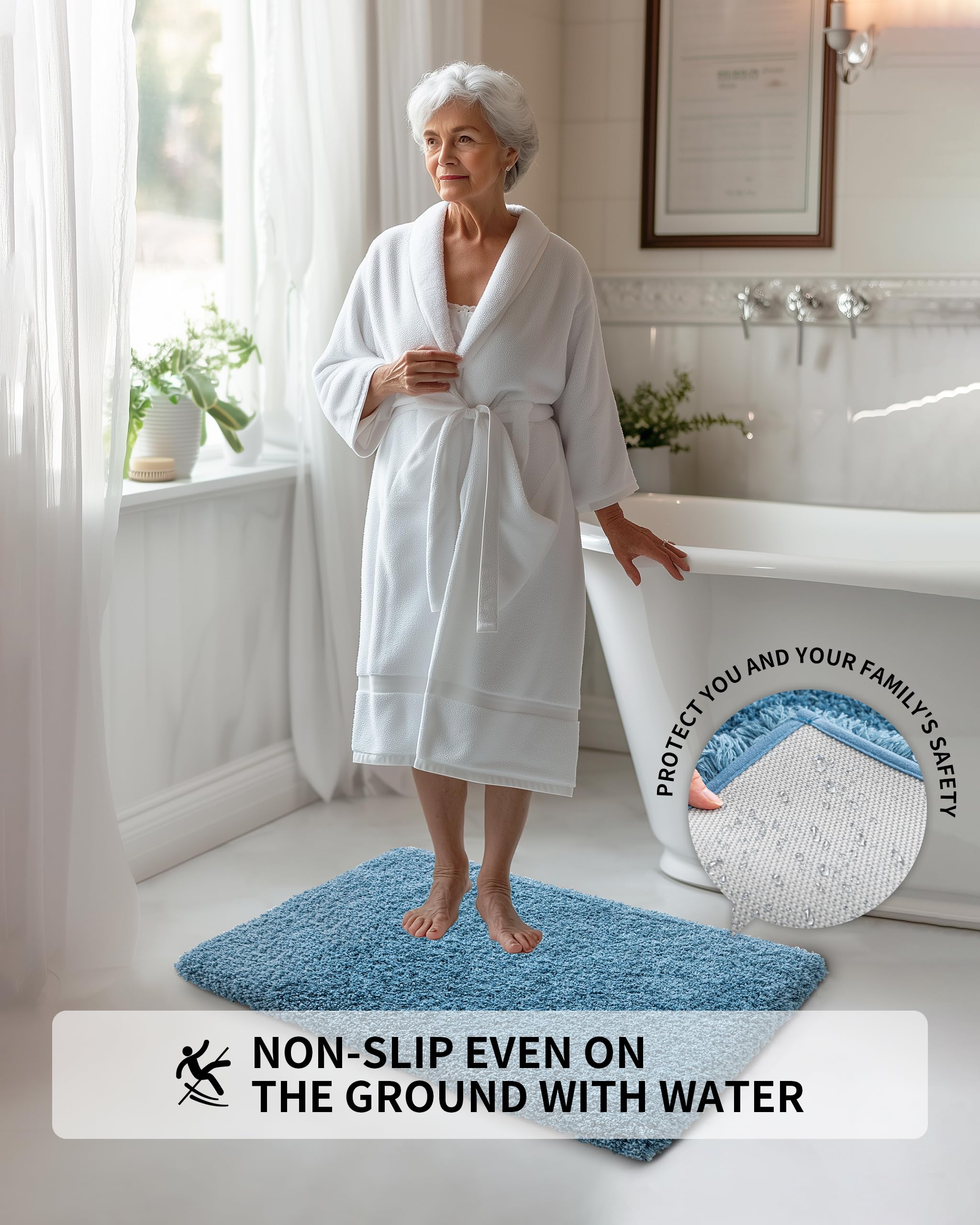 Ilango Blue Bathroom Rug Mats Super Absorbent, Washable Bath Mat Non Slip For Floor, Thick Plush Shaggy Bath Rug With Rubber Bot