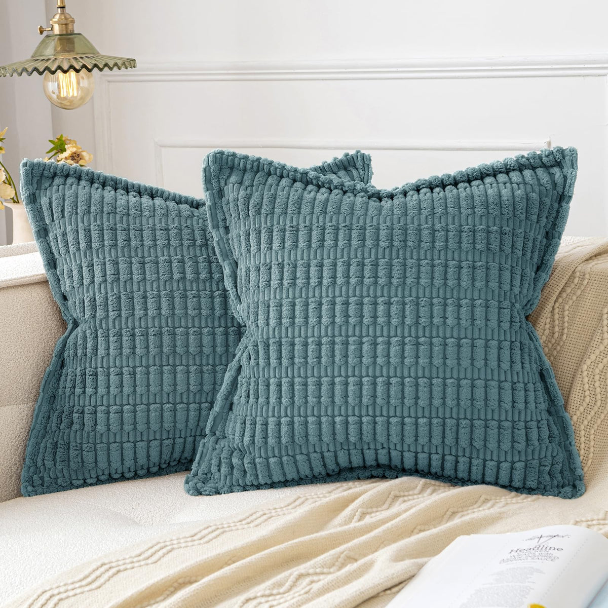 Miulee Blue Gray Corduroy Decorative Throw Pillow Covers Pack Of 2 Soft Striped Pillows Pillowcases With Broad Edge Winter Moder