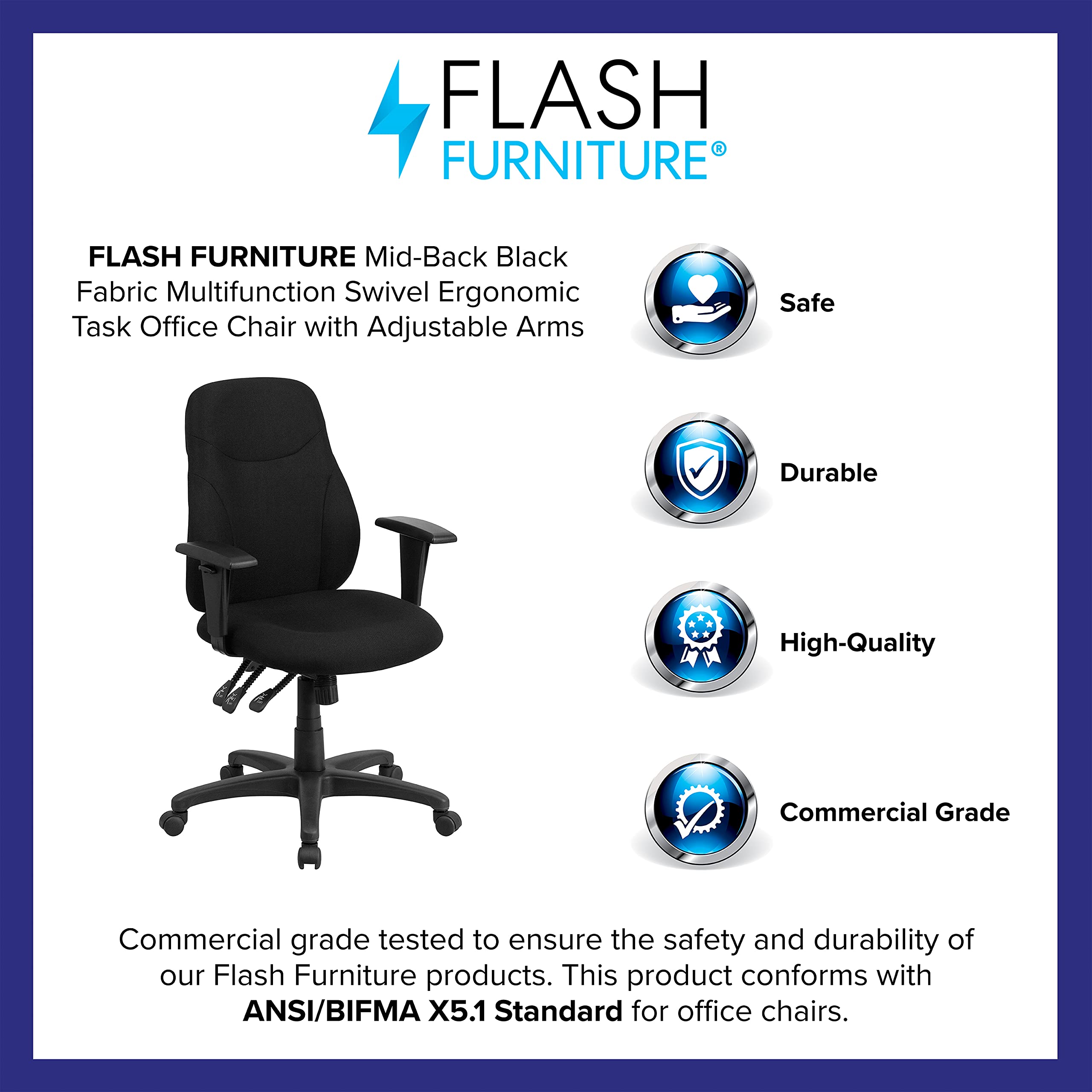 Flash Furniture Brandy Mid-Back Black Fabric Multifunction Swivel Ergonomic Task Office Chair with Adjustable Arms