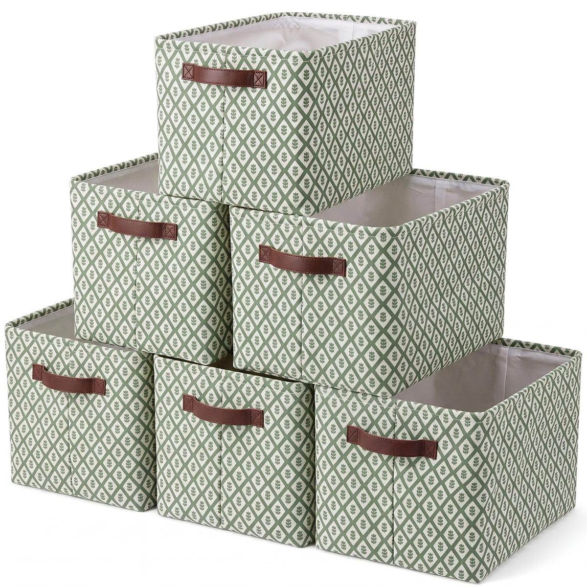 Fiwochic 6 Pcs Green Block Print Fabric Storage Baskets Ivy Collapsible Bin