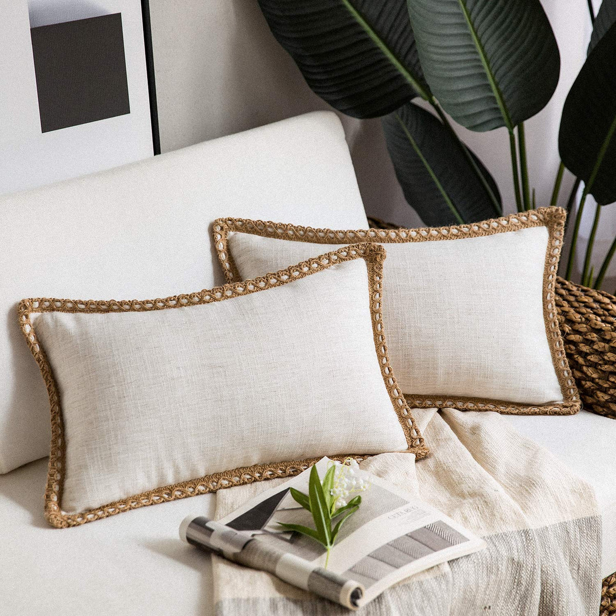 Phantoscope Pack Of 2 Farmhouse Decorative Throw Decorative Pillow Cover Burlap Linen Trimmed Tailored Edges Off White, Plain, 1