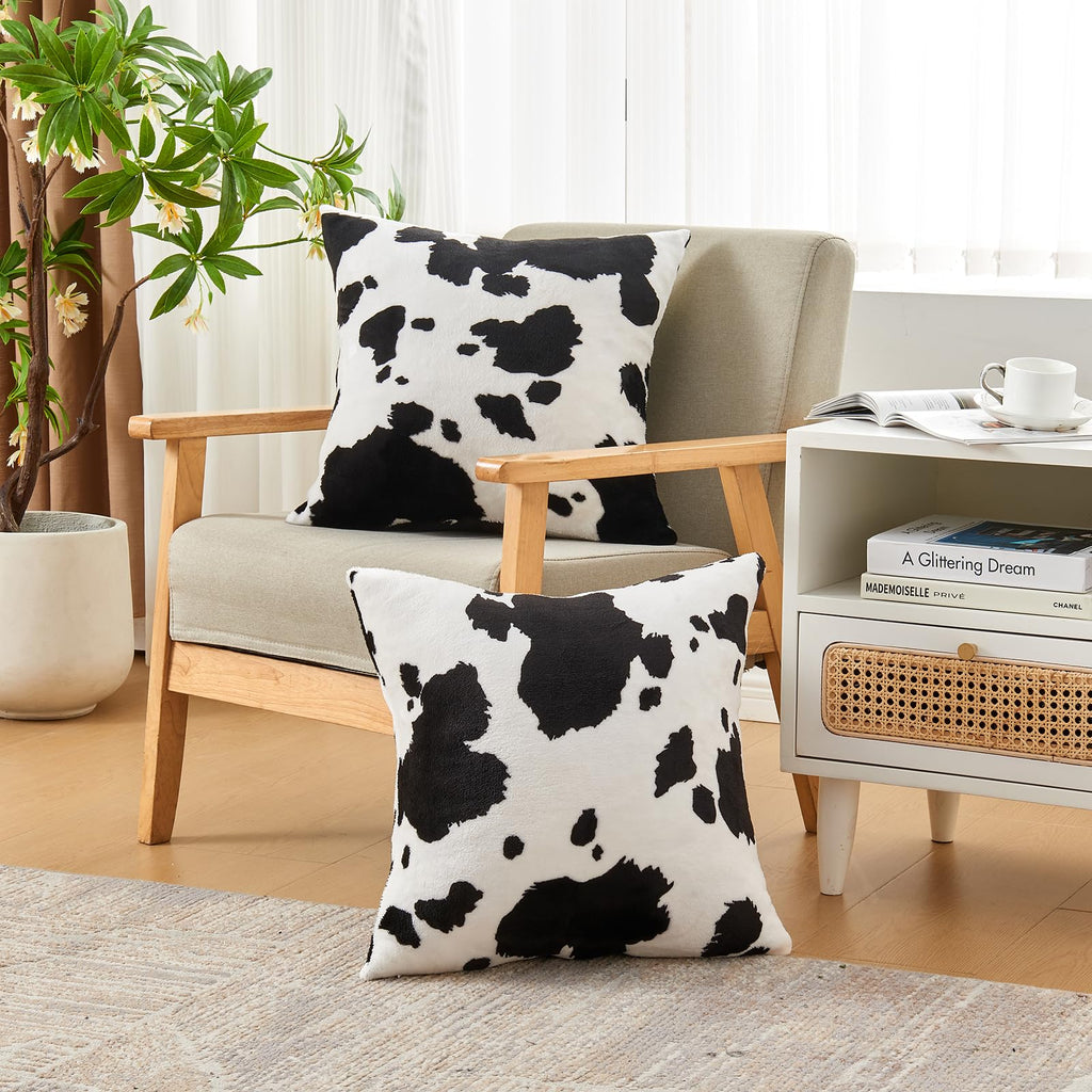 Sochow Decorative Throw Pillow Covers 18X18 Inches Set Of 2, Soft Cow Print Flannel Fleece Pillowcase Square Cushion Covers For