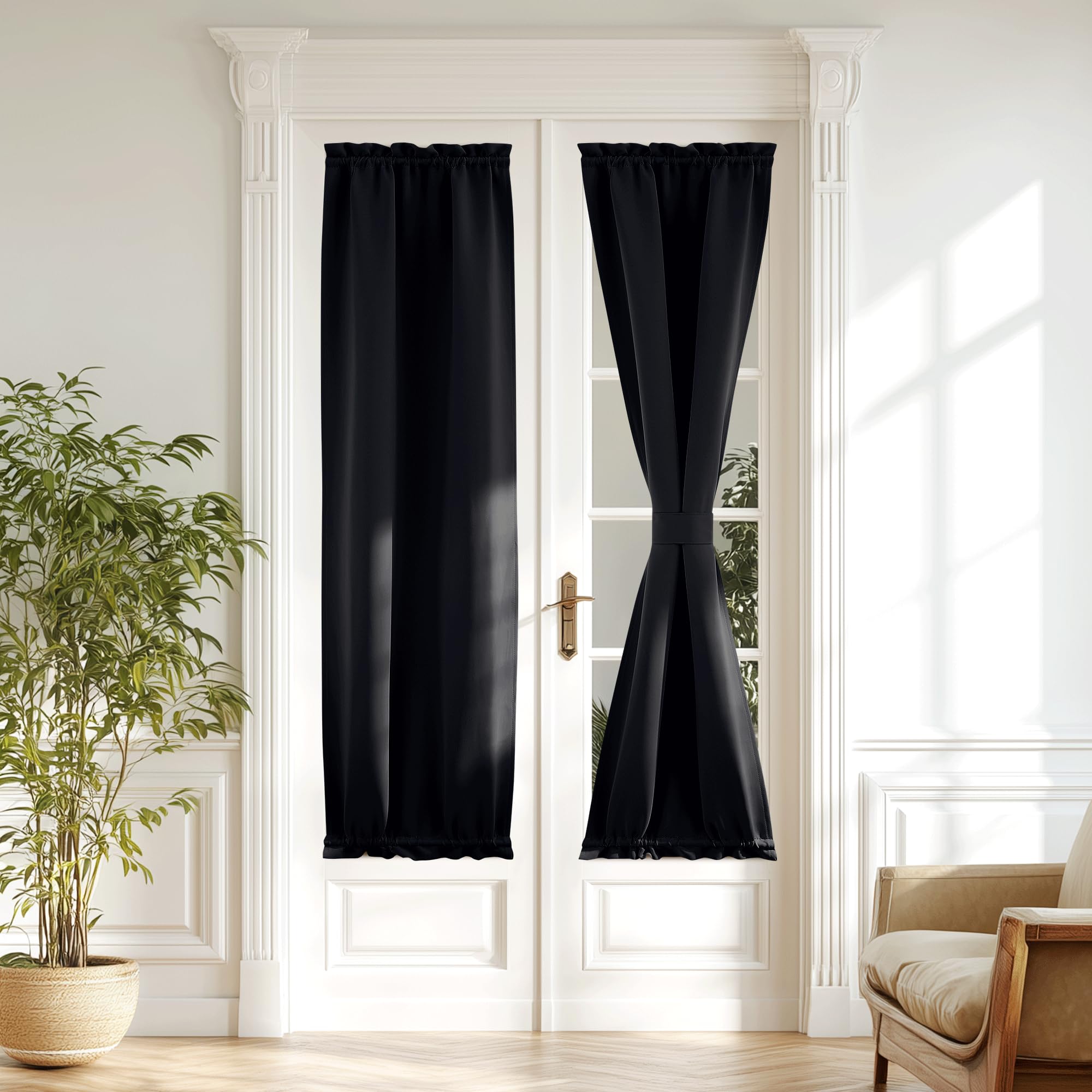 NICETOWN Black Blackout Door Curtain - Thermal Insulated Privacy Curtain for French & Front Doors with Adjustable Tieback, Room 