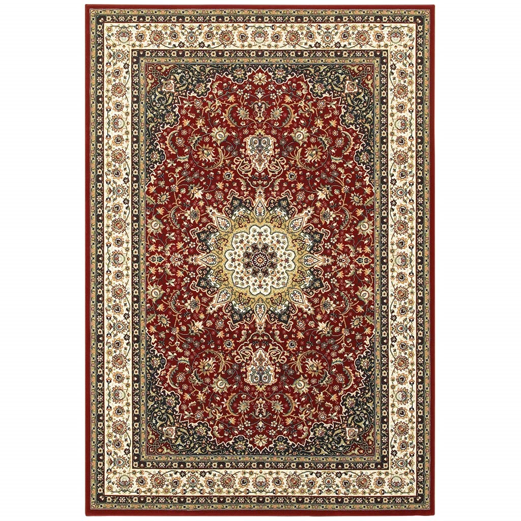 HomeRoots Polypropylene 6' x 9' Red Ivory Machine Woven Oriental Indoor Area Rug