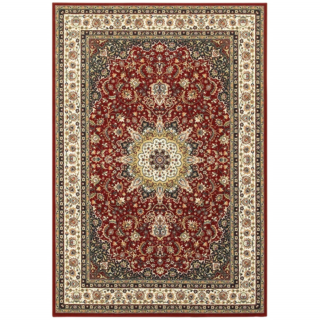 HomeRoots Polypropylene 1' x 3' Red Ivory Machine Woven Oriental Indoor Area Rug