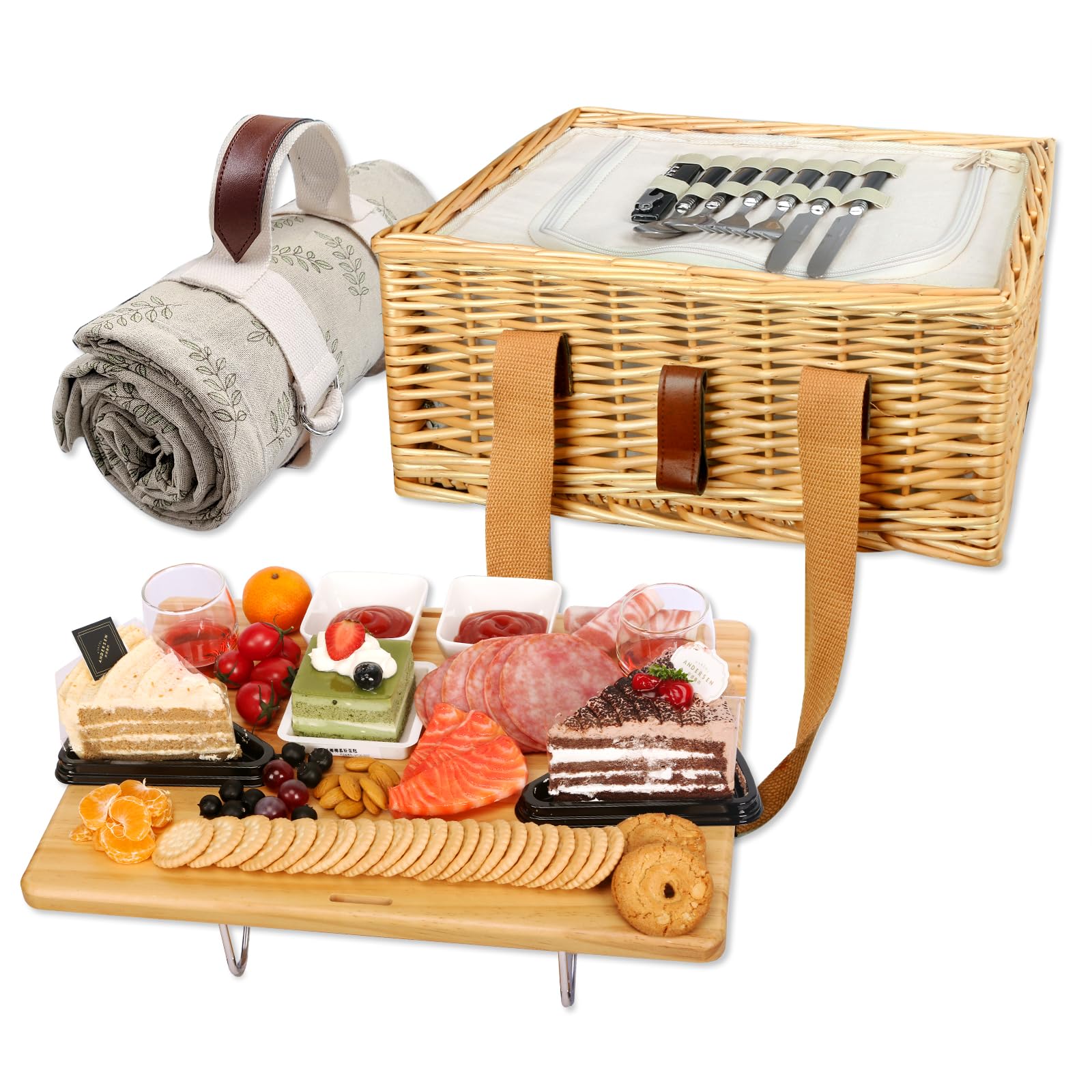 Hap Tim Wicker Picnic Basket For 2 With Mini Folding Wine Picnic Table & Large Insulated Cooler Bag & Cutlery Service Kits For 2