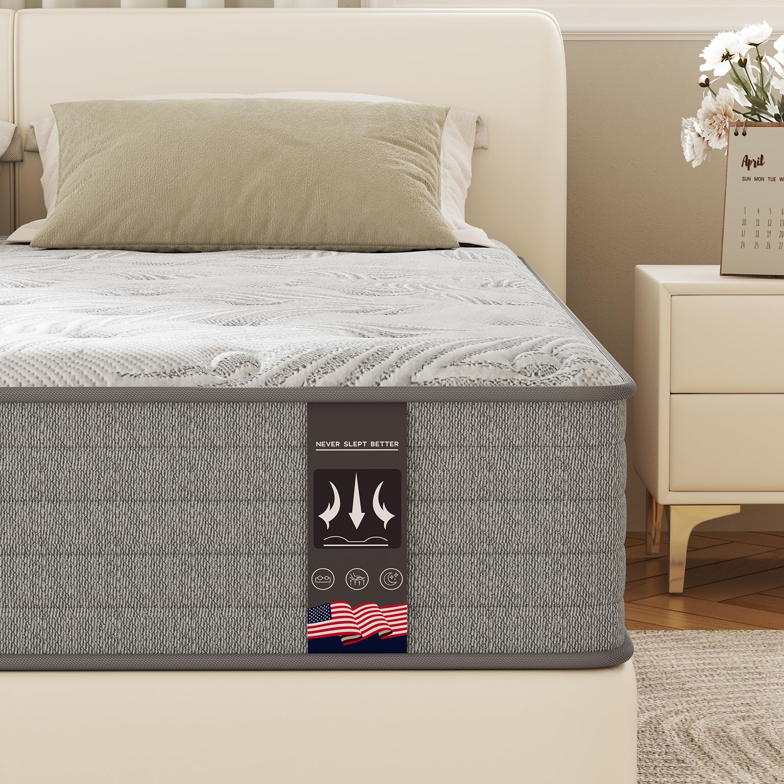 KOW Queen Size Mattress 12 Inch Medium Firm Gel Infused Memory Foam and Pocket Spring Hybrid Mattresses for Cool Sleep Relieving