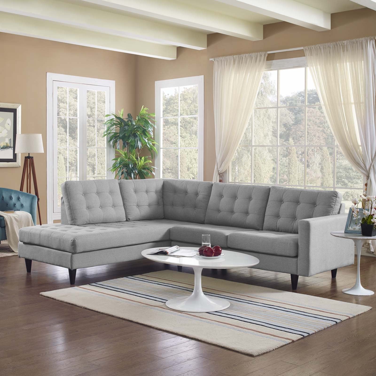 Modway Empress Sofa Mid-Century Modern Upholstered Fabric, Left Facing Bumper Sectional, Light Gray