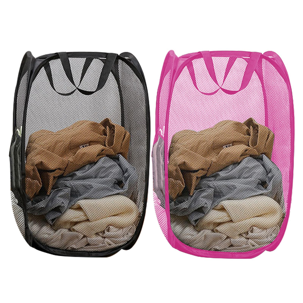Aplter Pop Up Laundry Hamper Pack of 2 Mesh Collapsible Laudry Baskets with Side Pocket and Handles, Easy to Carry for Cruise, H