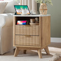 T4TREAM Fluted Nightstand with Charging Station, 18'' Modern Side Table with Faux Marble Top, 2 Drawers End Table w/Storage, Bed