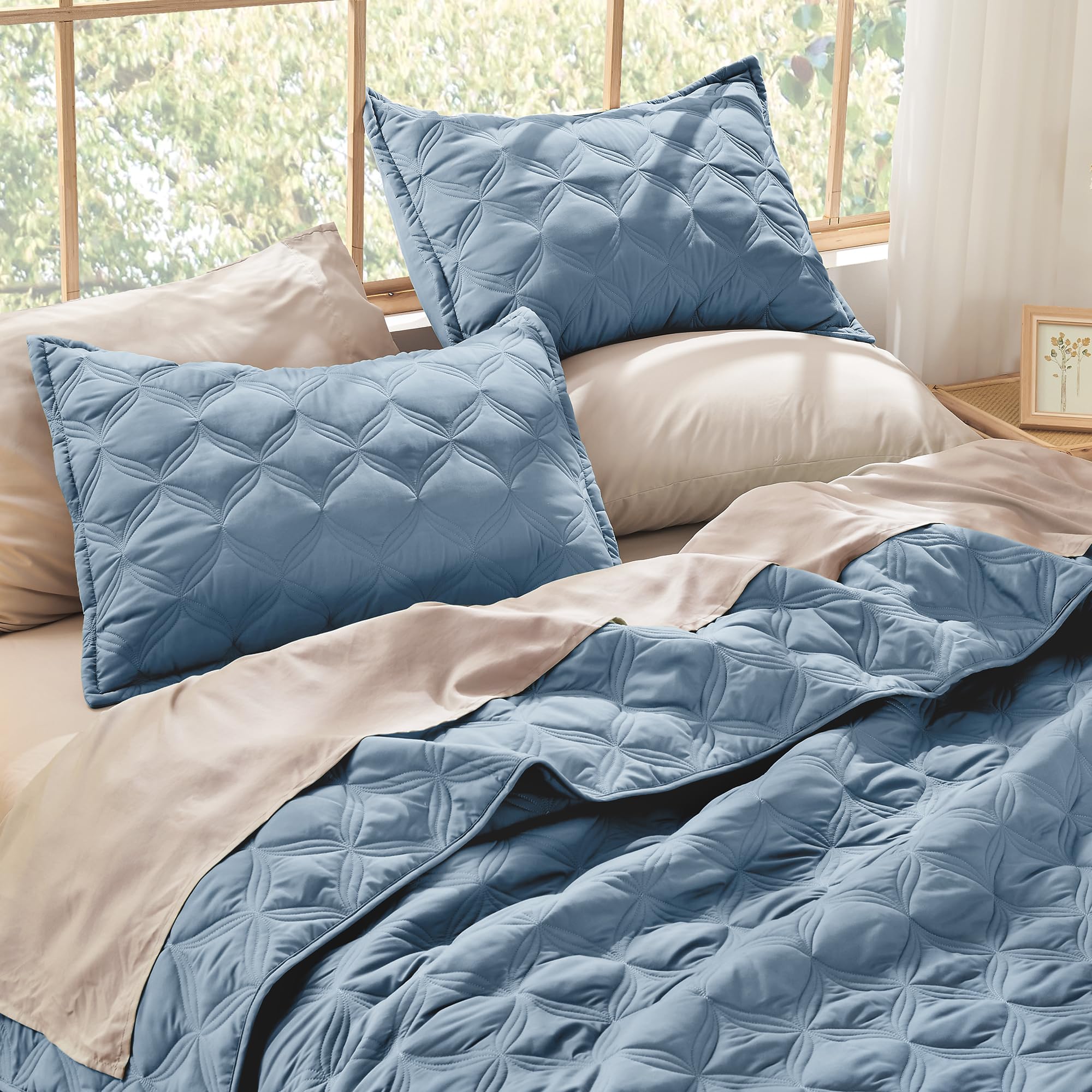 Litanika Oversized King Quilt Bedding Set, 128X120 Inch Super King Grayish Blue Comforter Bedspreads Lightweight Bed Coverlets B