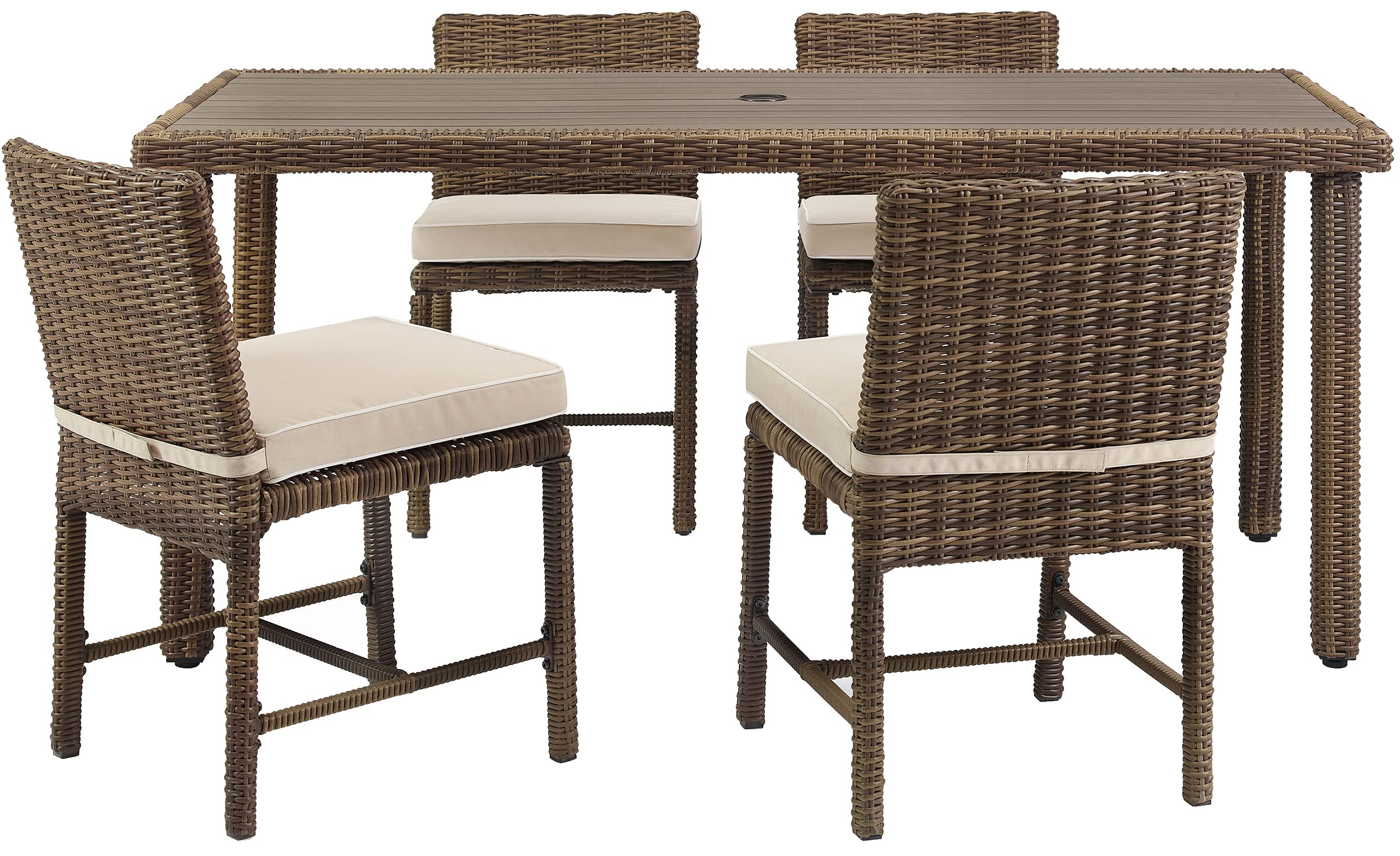 Crosley Furniture Bradenton 5-Piece Outdoor Dining Set for 4, Wicker Patio Table and Chairs for Backyard, Weathered Brown with Sand Cushions