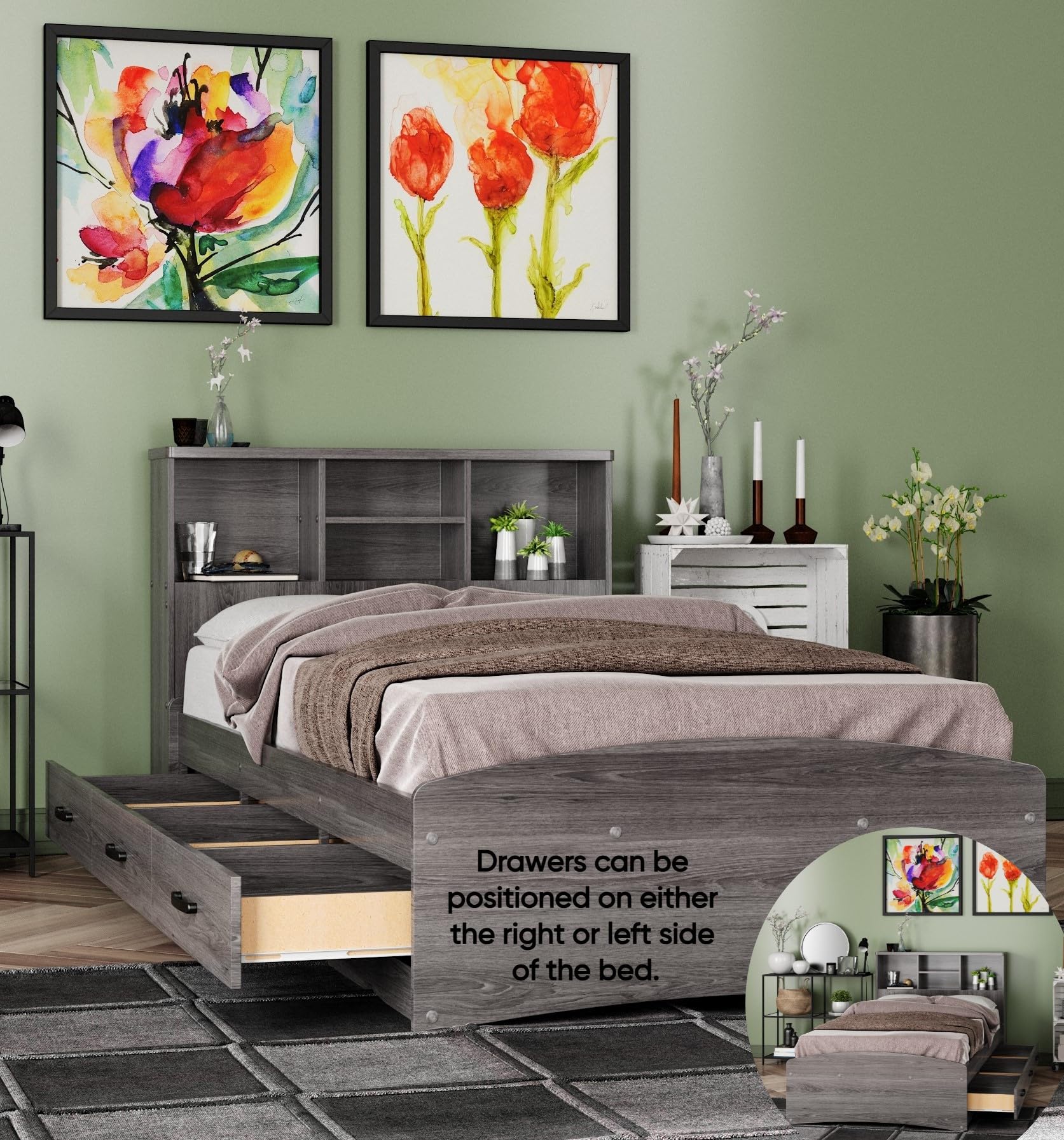 Captain Paltform Bed with 3 Drawers and Bookcase Headboard (Grey, Twin)
