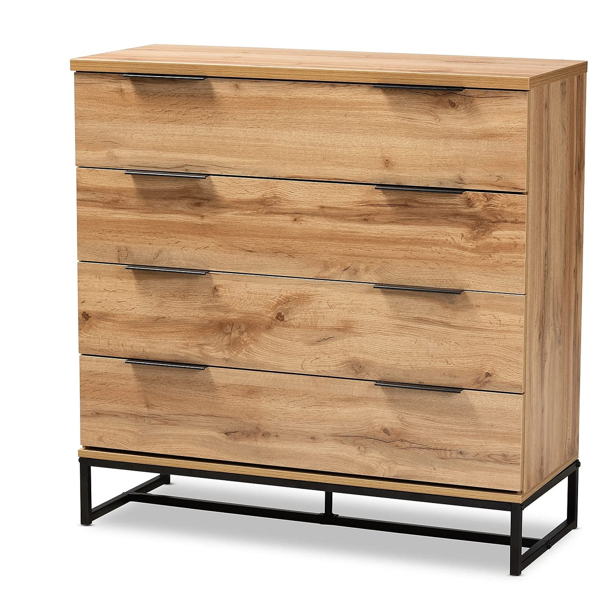 Baxton Studio Reid Modern and Contemporary Industrial Oak Finished Wood and Black Metal 4-Drawer Dresser