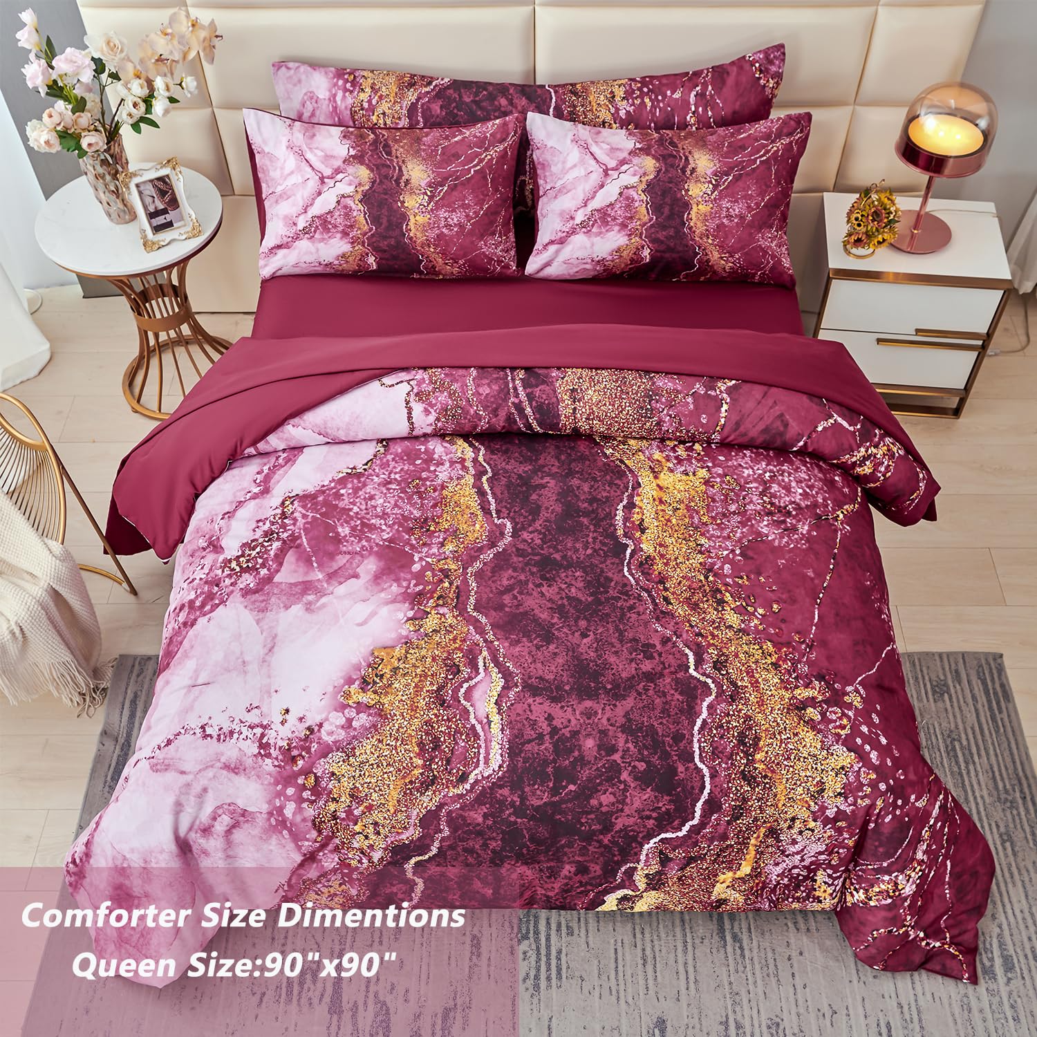 Perfemet 6-Piece Bed In A Bag Queen Burgundy Marble Comforter Set With Sheets Aesthetic Retro Artwork Style Dark Red Bedding Set