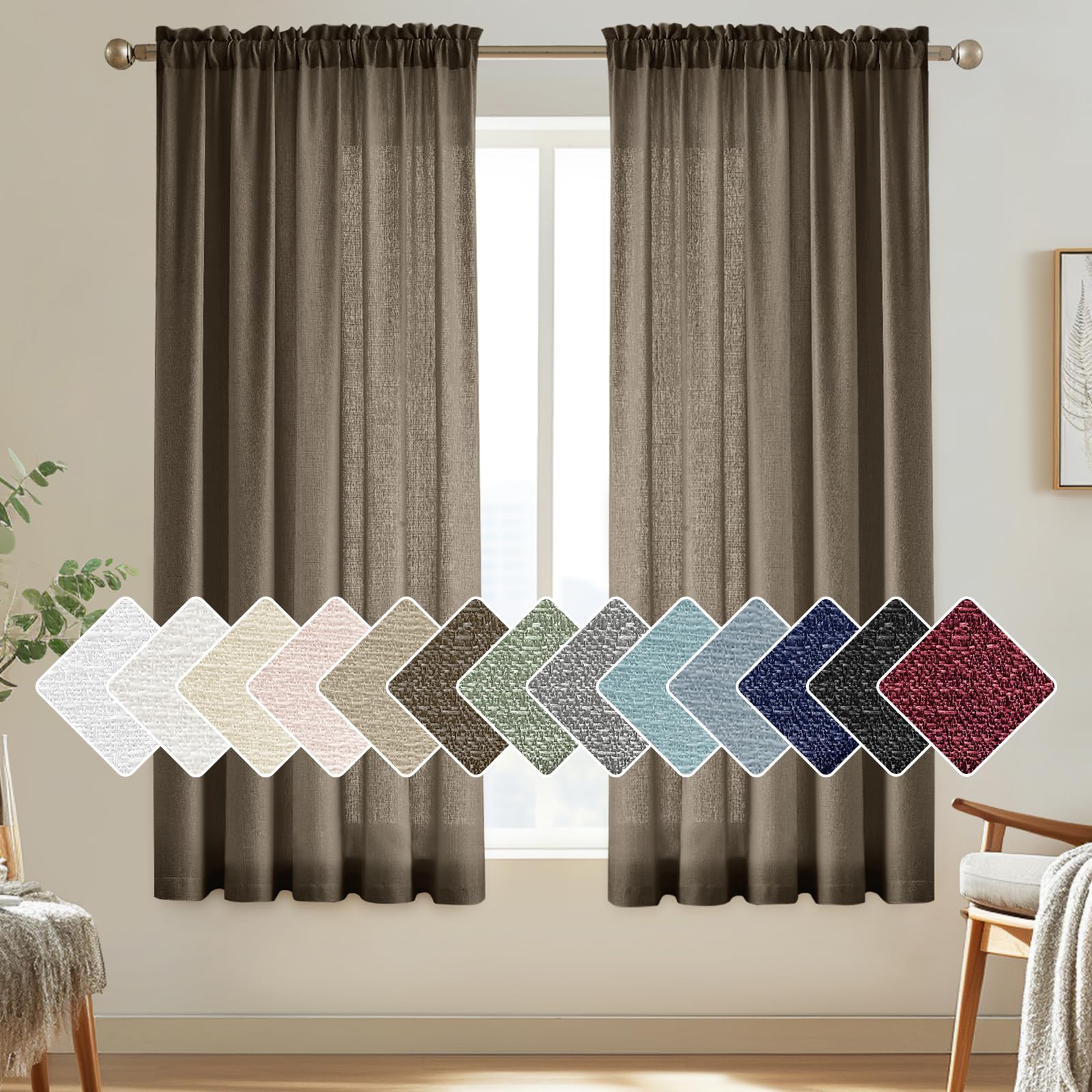 Melodieux Brown Semi Sheer Curtains 54 Inch Length For Bedroom Living Room, Faux Linen Window Privacy Sheer Drapes Rod Pocket, 5