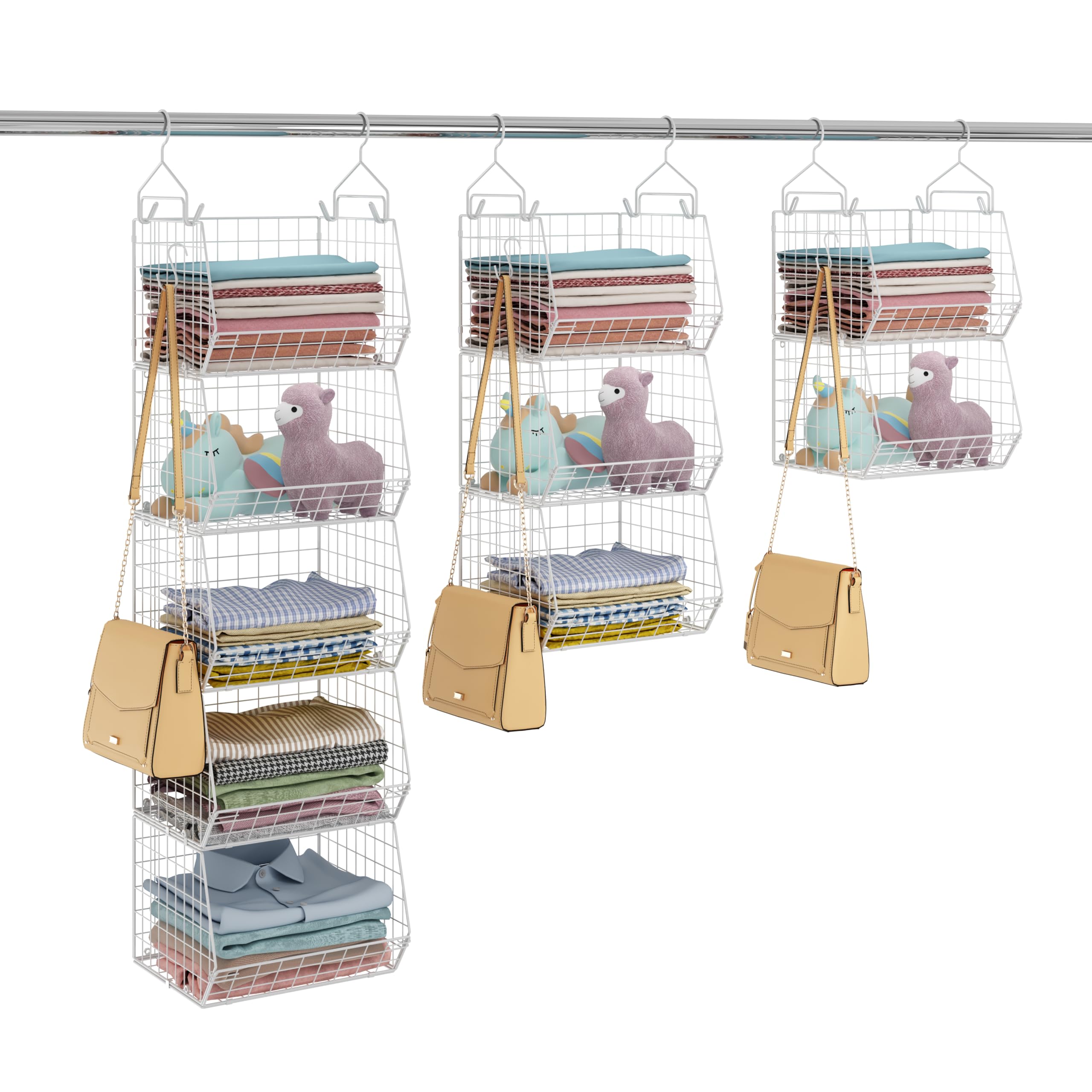 5 Tier Closet Hanging Organizer, Clothes Hanging Shelves with 4 Hanging Hooks 5 S Hooks, Wire Storage Basket Bins, for Clothing 