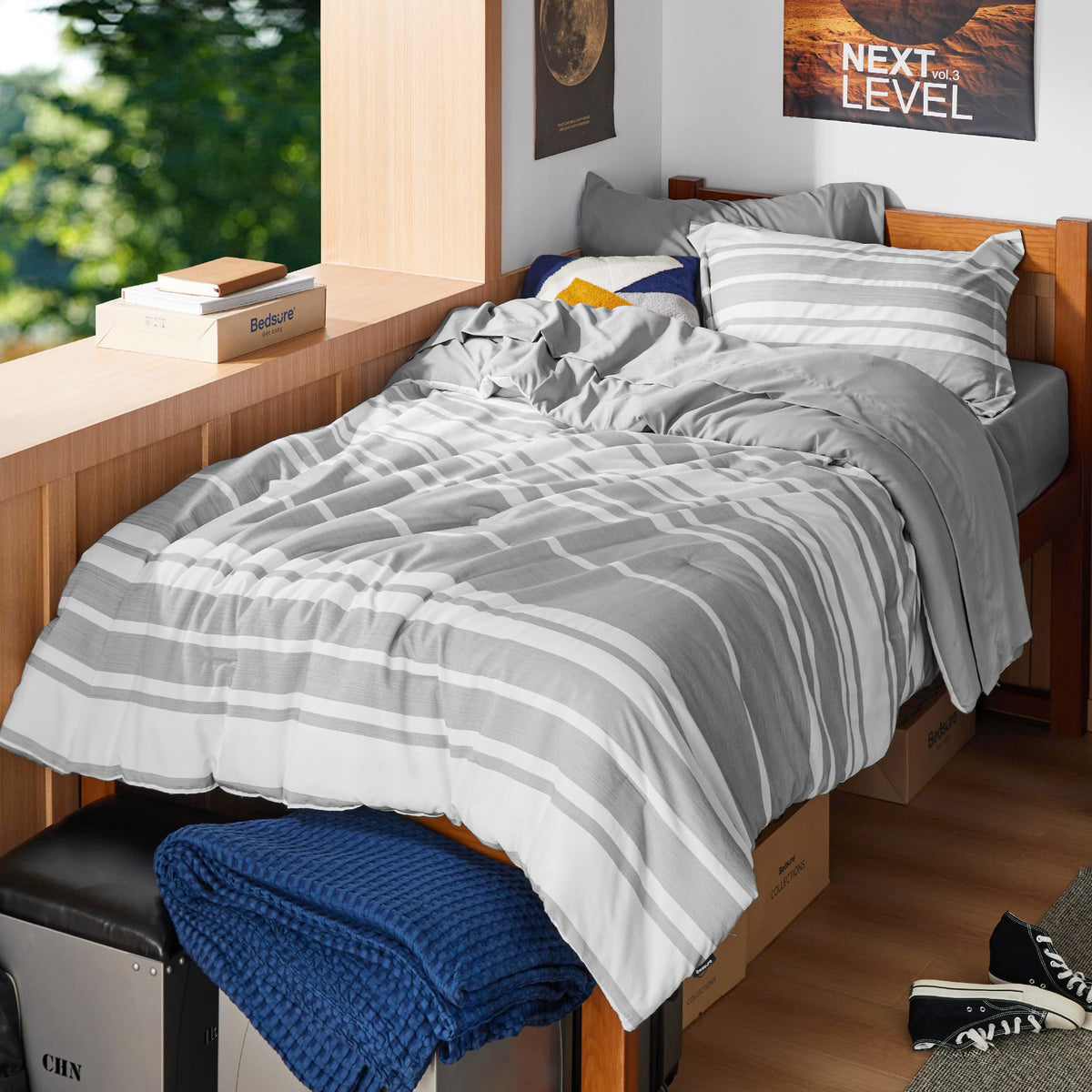 Bedsure Twin Comforter Set 5 Pieces, Grey Striped Bedding Set For Twin Size Bed Reversible, Cationic Dyeing Bed In A Bag With Co