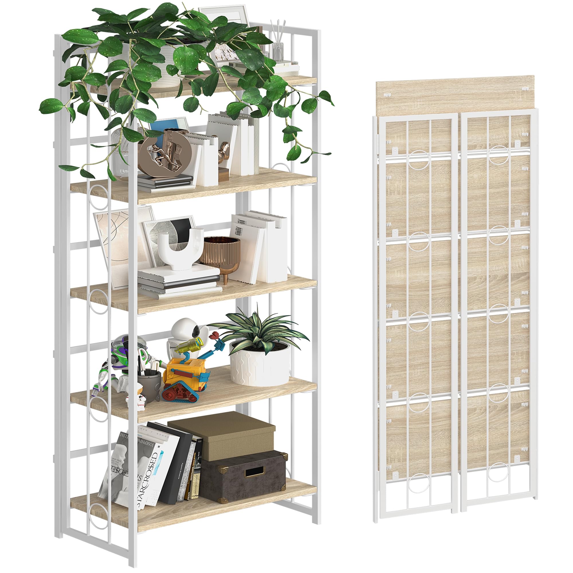 4NM No-Assembly 5 Tiers Folding Bookshelf Storage Shelves Vintage Bookcase Standing Racks Study Organizer Home Office - Natural 