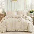 Wongs Bedding Beige Textured Comforter Set Queen,3 Pieces Ruffle Farmhouse Shabby Chic Comforter For Queen Bed,Soft Seersucker B