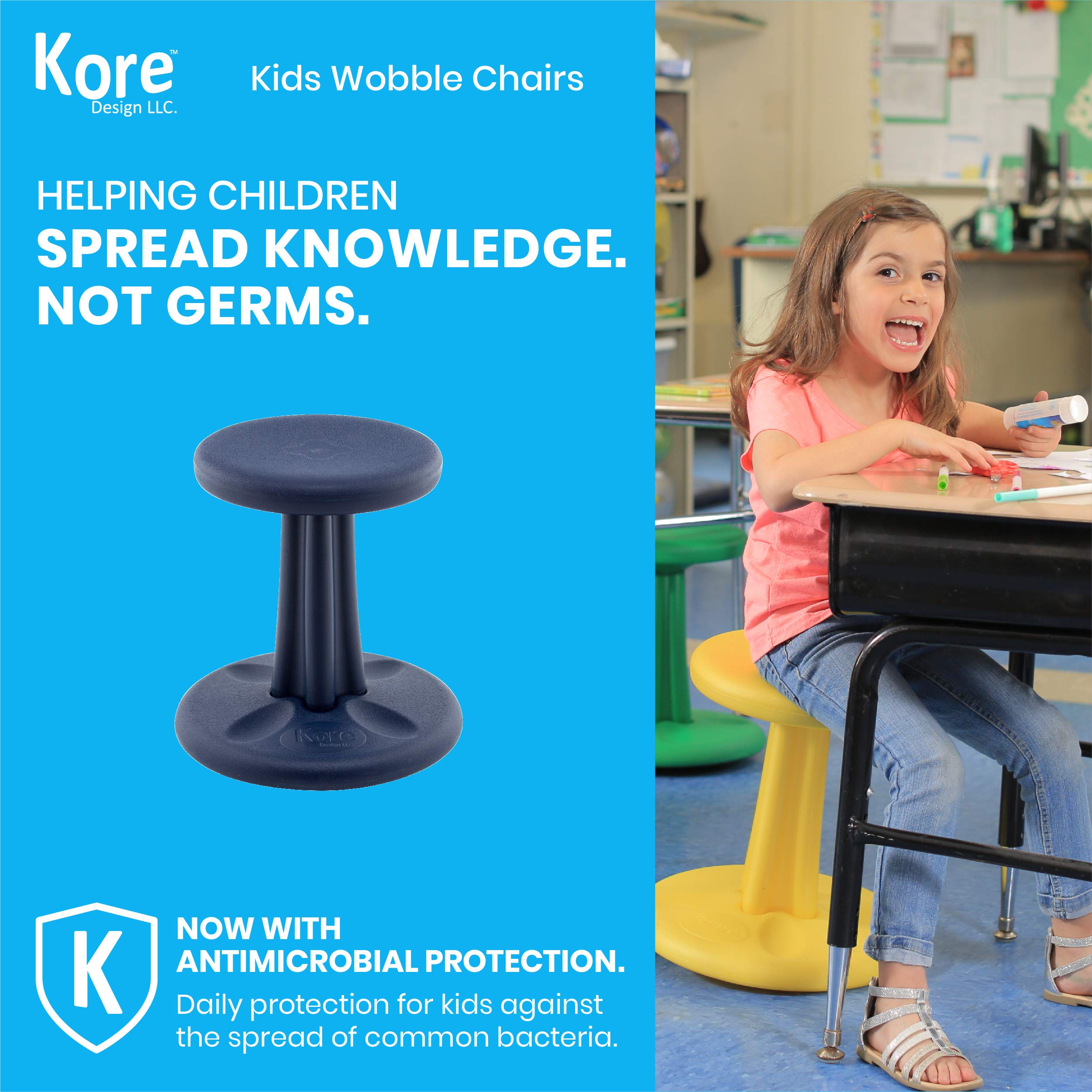 KORE DESIGN Wobble Stool Chair, Girls + Boys Kid Desk Stools, Ergonomic Small Office Chairs, Flexible Seating for Active Kids, ADD/ADHD, Classroom, School, Home, Preschool (12in) Age 4-5 yr, Dark Blue