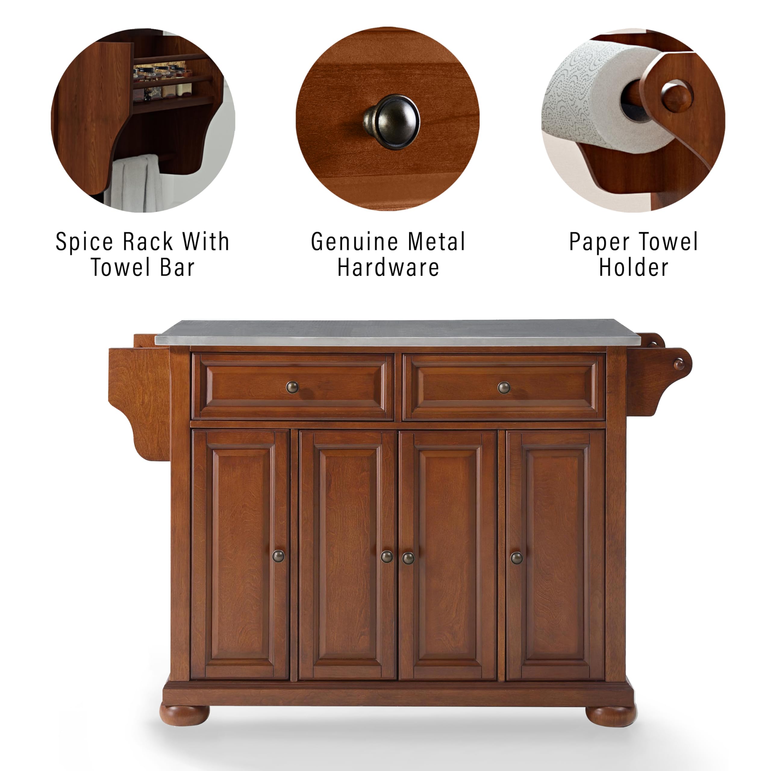 Crosley Furniture Alexandria Stainless Steel Top Rolling Kitchen Island Storage Cart, Spice Rack, Cherry