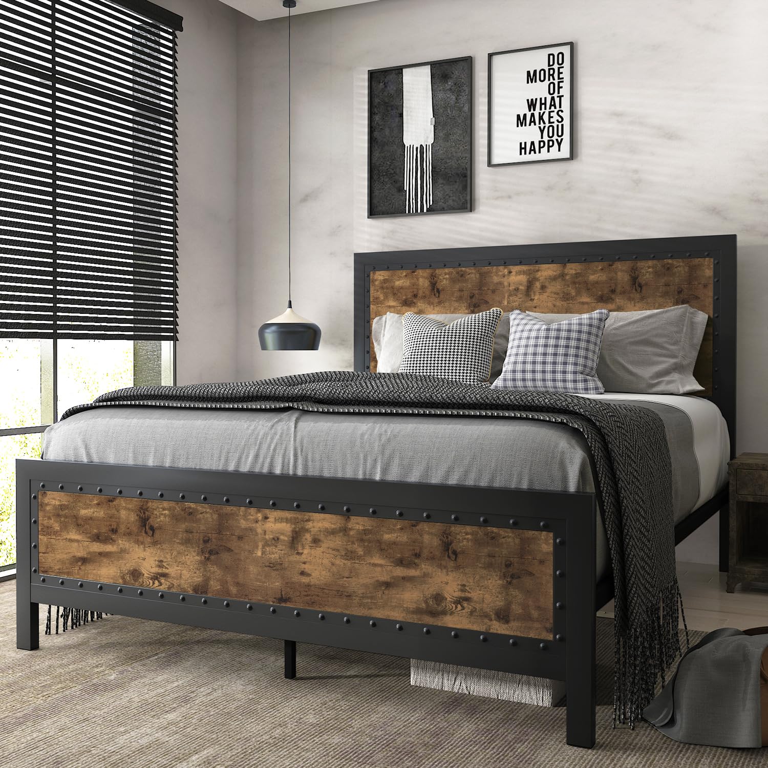 SHA CERLIN Grey Metal Bed Frame Queen, Industrial Wooden Platform Base with Rivet Headboard and Footboard, No Box Spring Needed