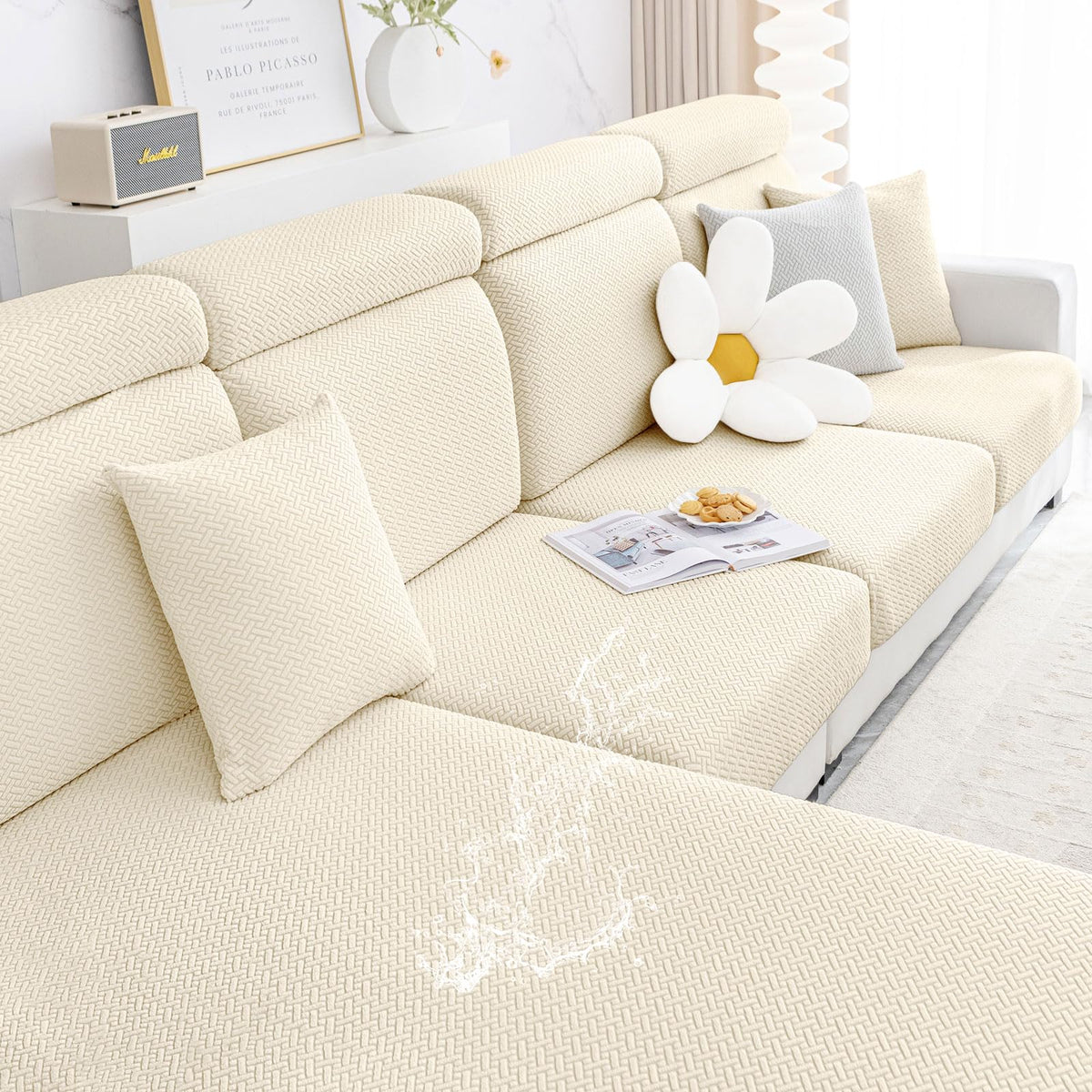 Smiry Waterproof Couch Cushion Covers, Stretch Jacquard Thick Sofa Cushion Covers, Washable Seat Cover Slipcover Elastic Furniture Protector For Pets, Kid (Large, Beige)
