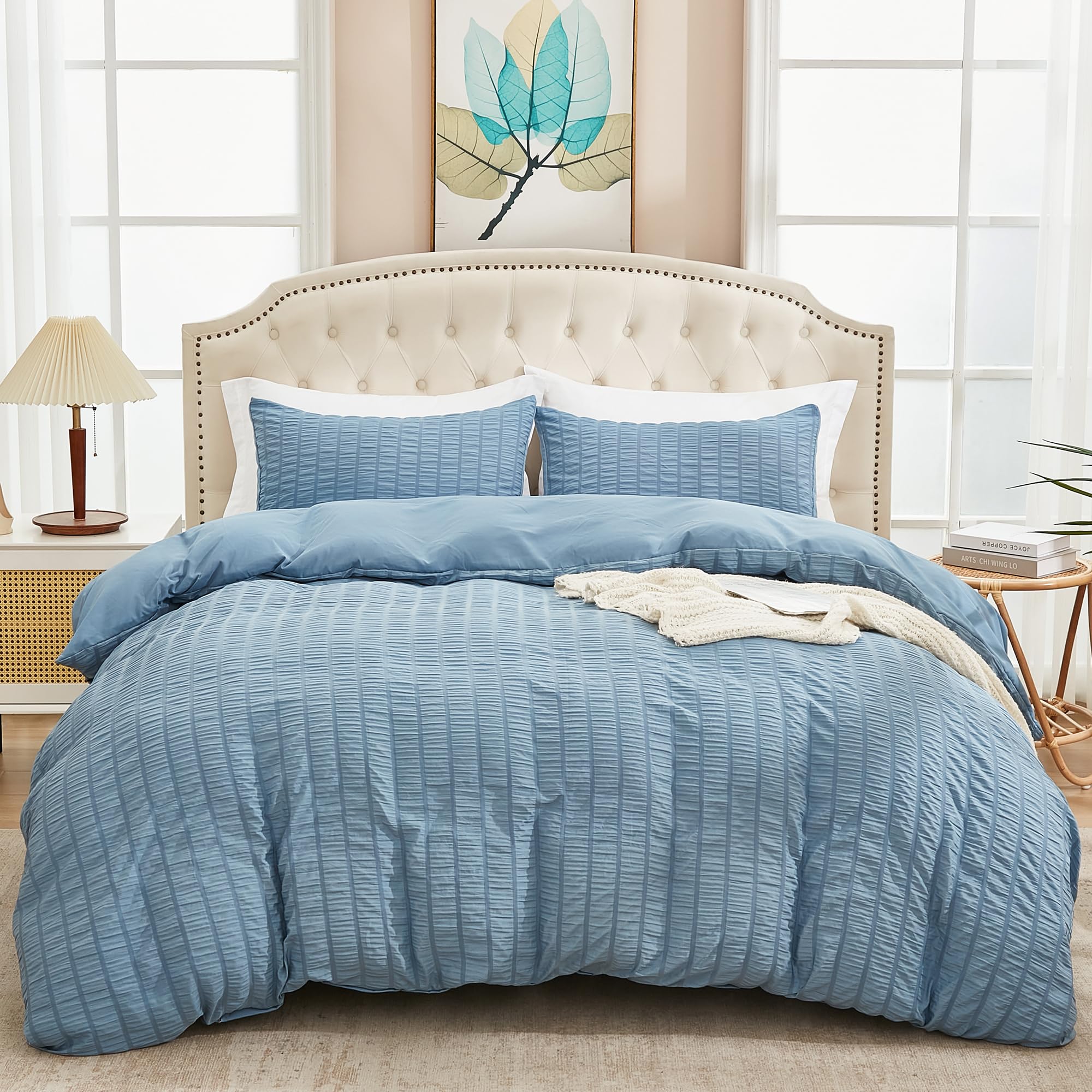 Avelom Grayish Blue Duvet Cover Cal King(104 X 98 Inches), 3 Pieces (1 Duvet Cover, 2 Pillowcases), Seersucker Striped Soft Wash