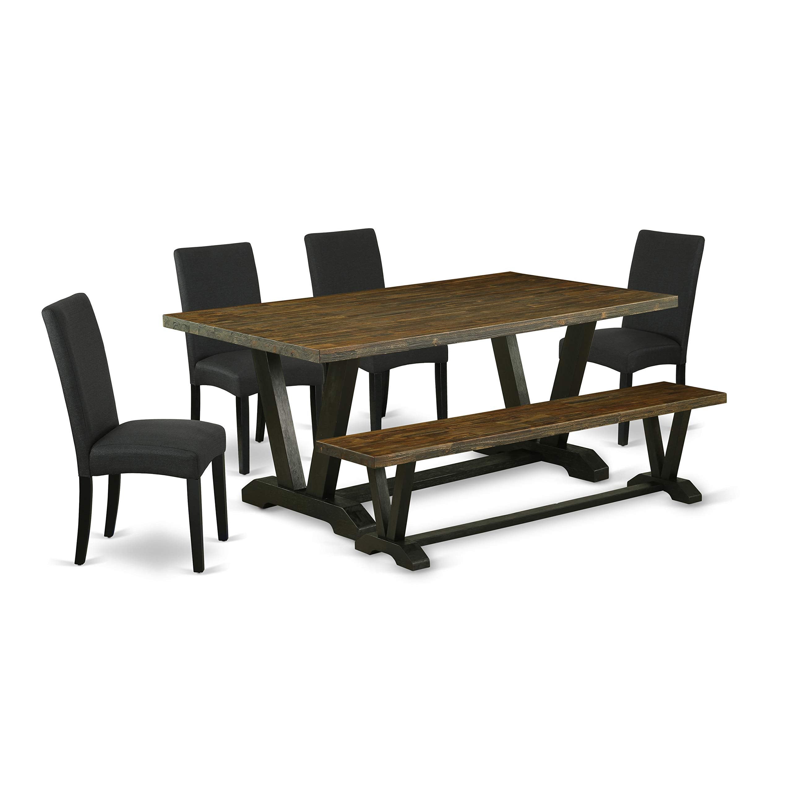 East West Furniture V-Style 6 Piece Dining Set Contains A Rectangle Wooden Table With V-Legs And 4 Black Color Linen Fabric Parson Chairs With A Bench, 40X72 Inch, V677Dr124-6